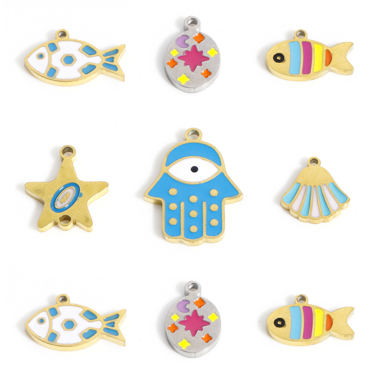 Bild von 2 Stück 316 Edelstahl Charms Muschel Bunt Fisch Emaille