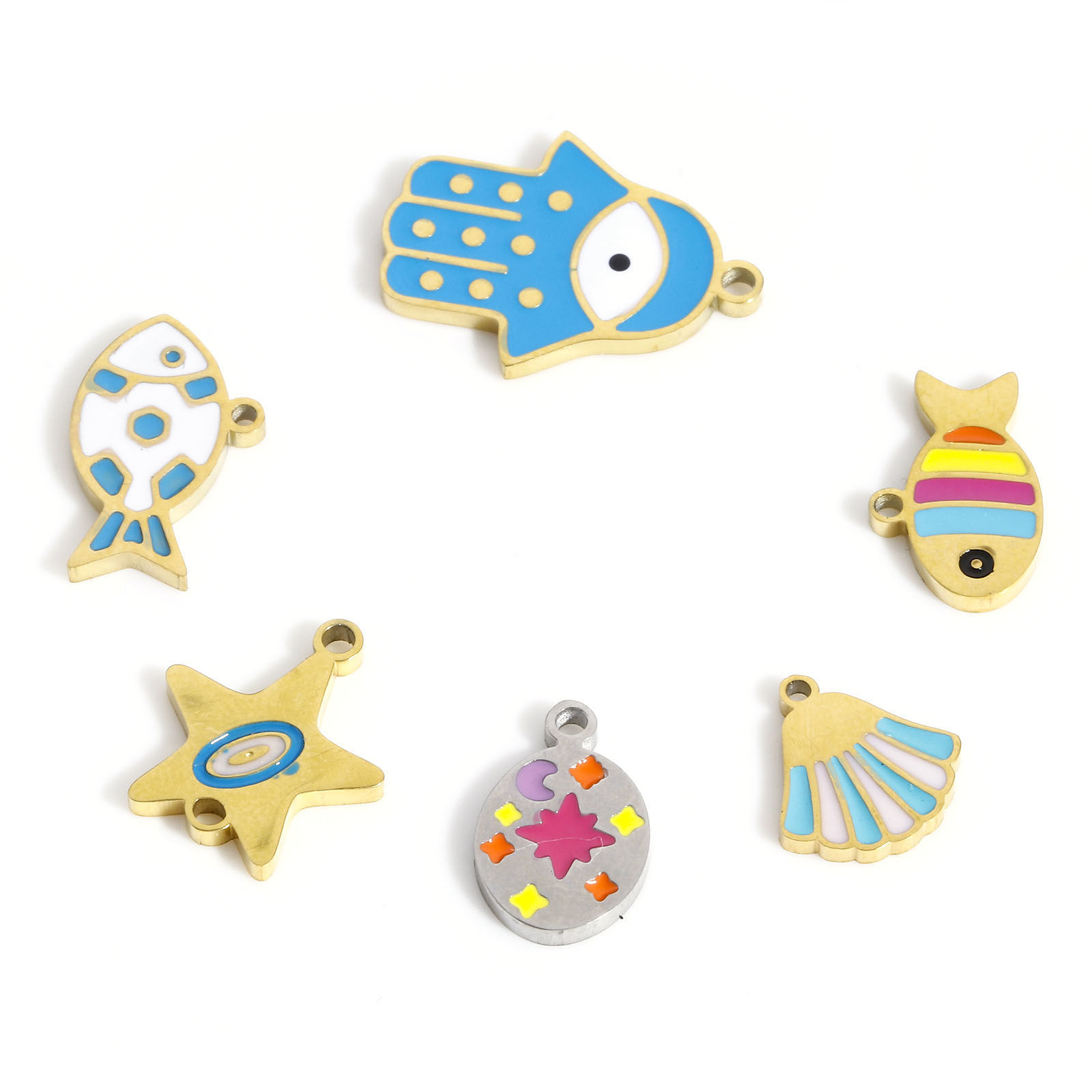Bild von 2 Stück 316 Edelstahl Charms Muschel Bunt Fisch Emaille