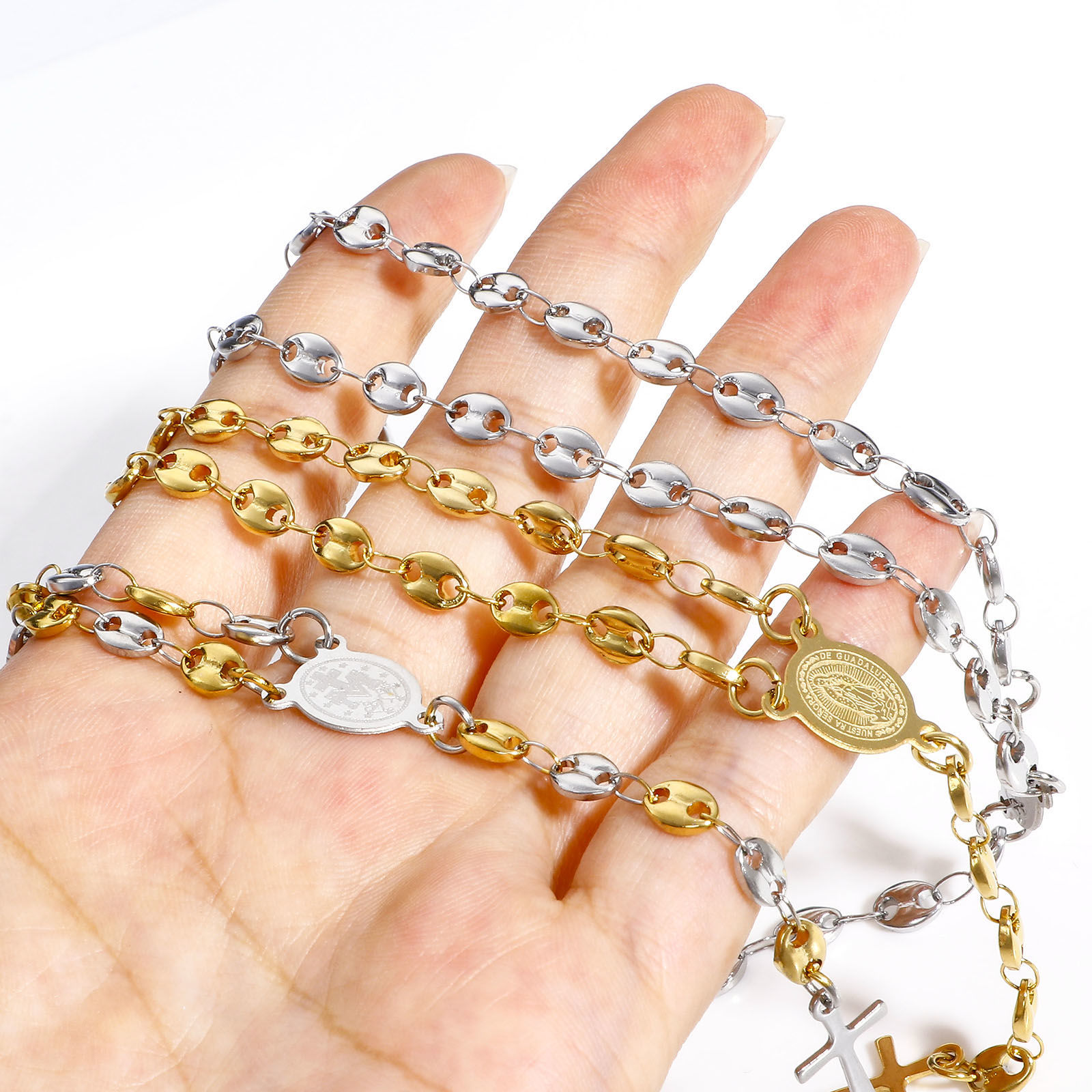 Picture of 304 Stainless Steel Religious Pig Nose Chain Prayer Beads Rosary Necklace Cross Virgin Mary 50cm(19 5/8") long