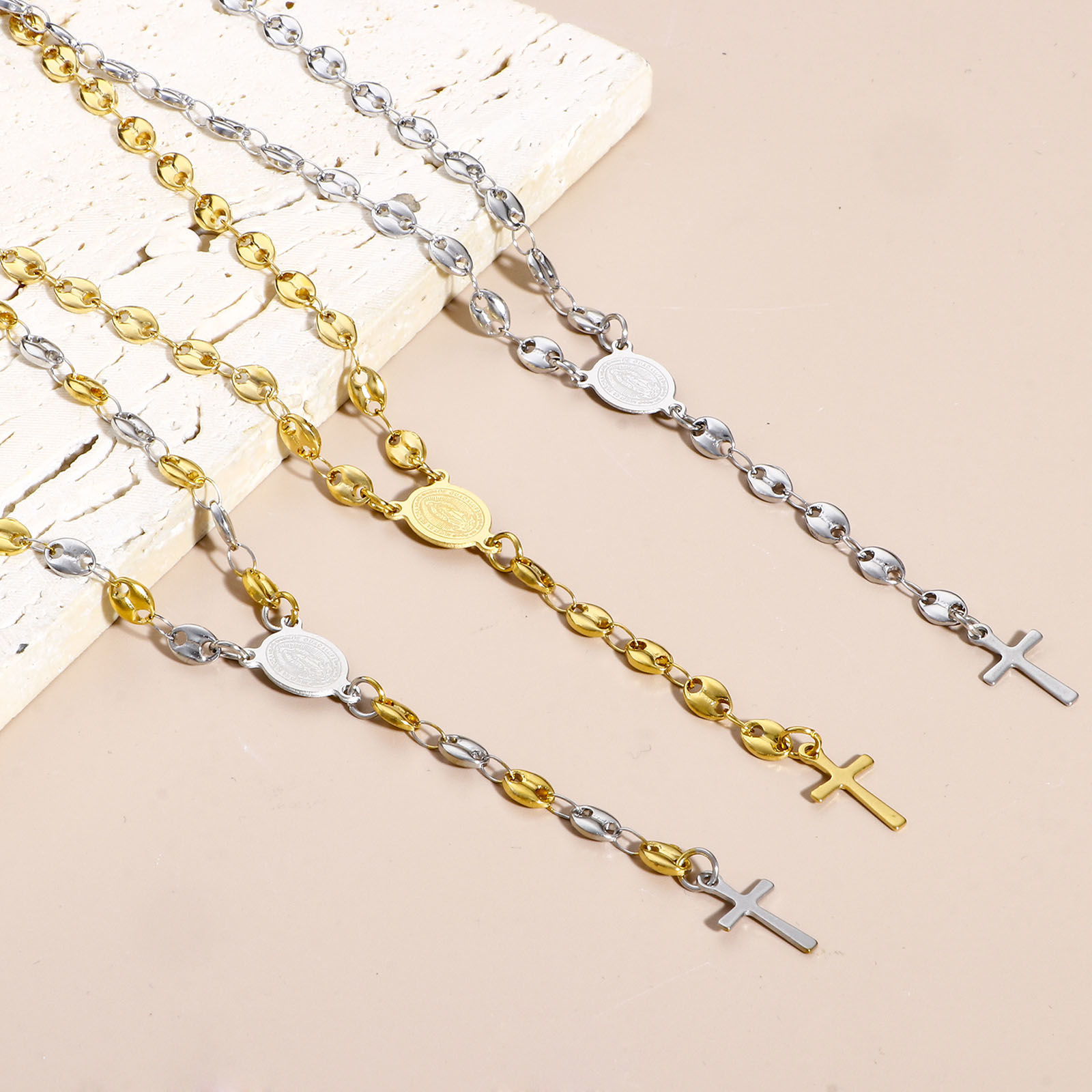 Picture of 304 Stainless Steel Religious Pig Nose Chain Prayer Beads Rosary Necklace Cross Virgin Mary 50cm(19 5/8") long