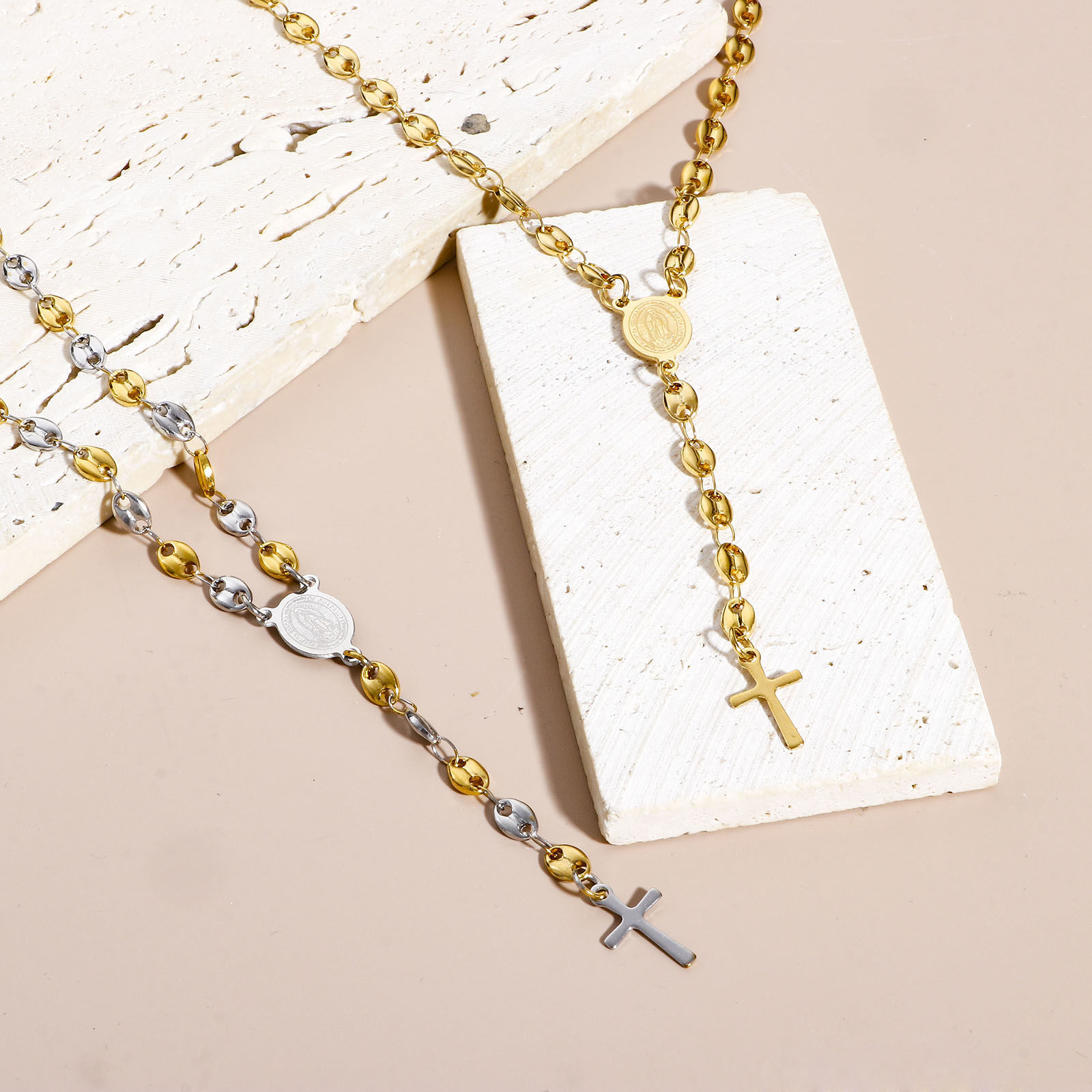 Picture of 304 Stainless Steel Religious Pig Nose Chain Prayer Beads Rosary Necklace Cross Virgin Mary 50cm(19 5/8") long