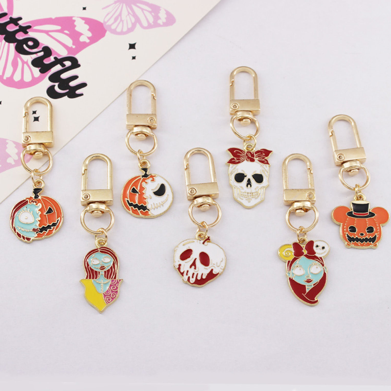 Picture of Cute Keychain & Keyring Gold Plated Multicolor Halloween Pumpkin Ghost Face Enamel