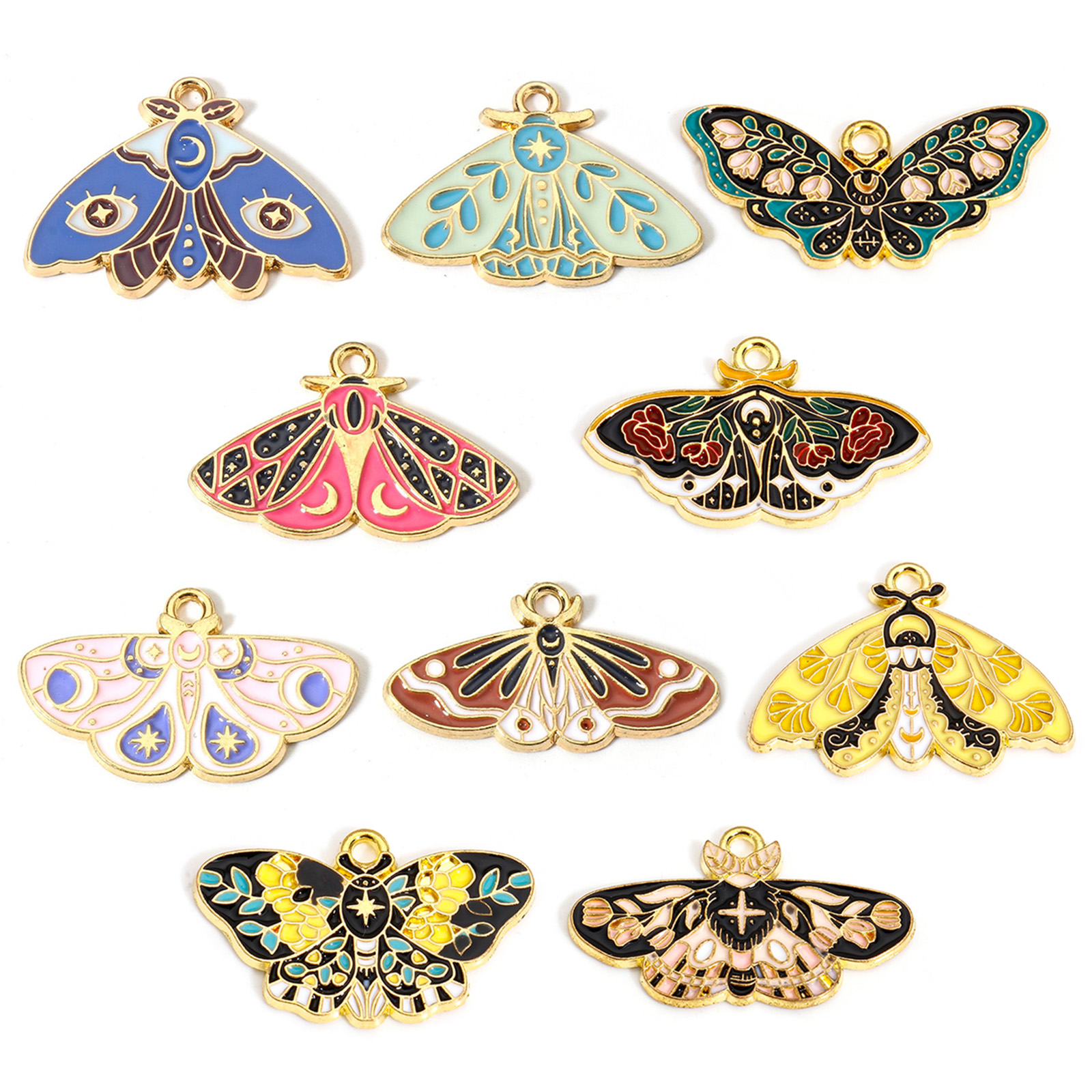 Picture of Zinc Based Alloy Insect Charms Gold Plated Multicolor Moth Sun & Moon Enamel