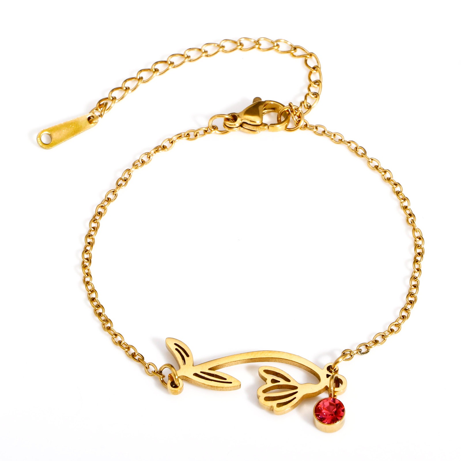 Picture of 304 Stainless Steel Birth Month Flower Link Cable Chain Bracelets 18K Gold Plated Multicolor Rhinestone 16cm(6 2/8") long