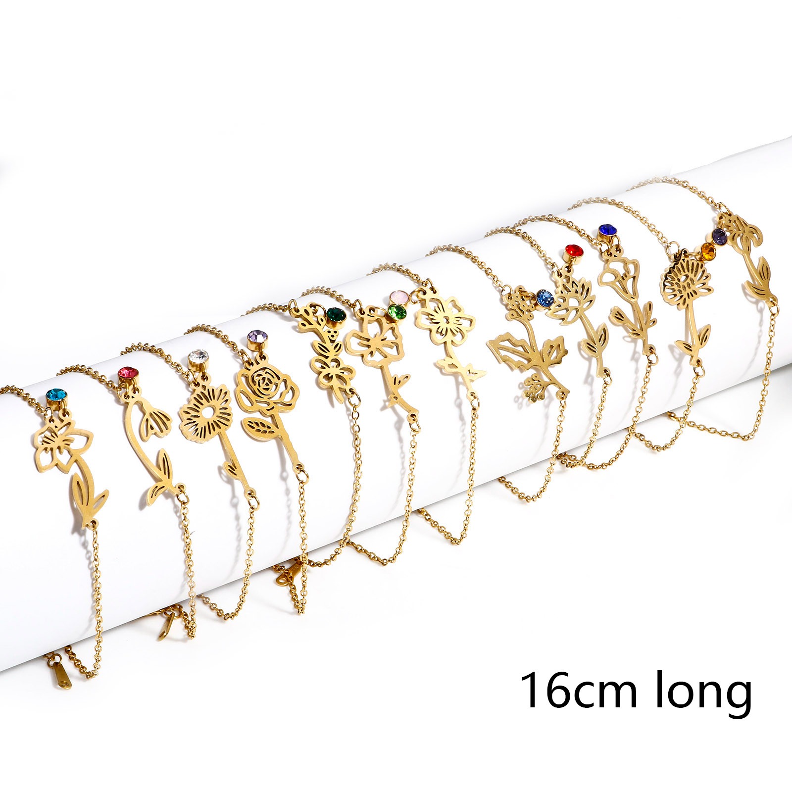 Picture of 304 Stainless Steel Birth Month Flower Link Cable Chain Bracelets 18K Gold Plated Multicolor Rhinestone 16cm(6 2/8") long