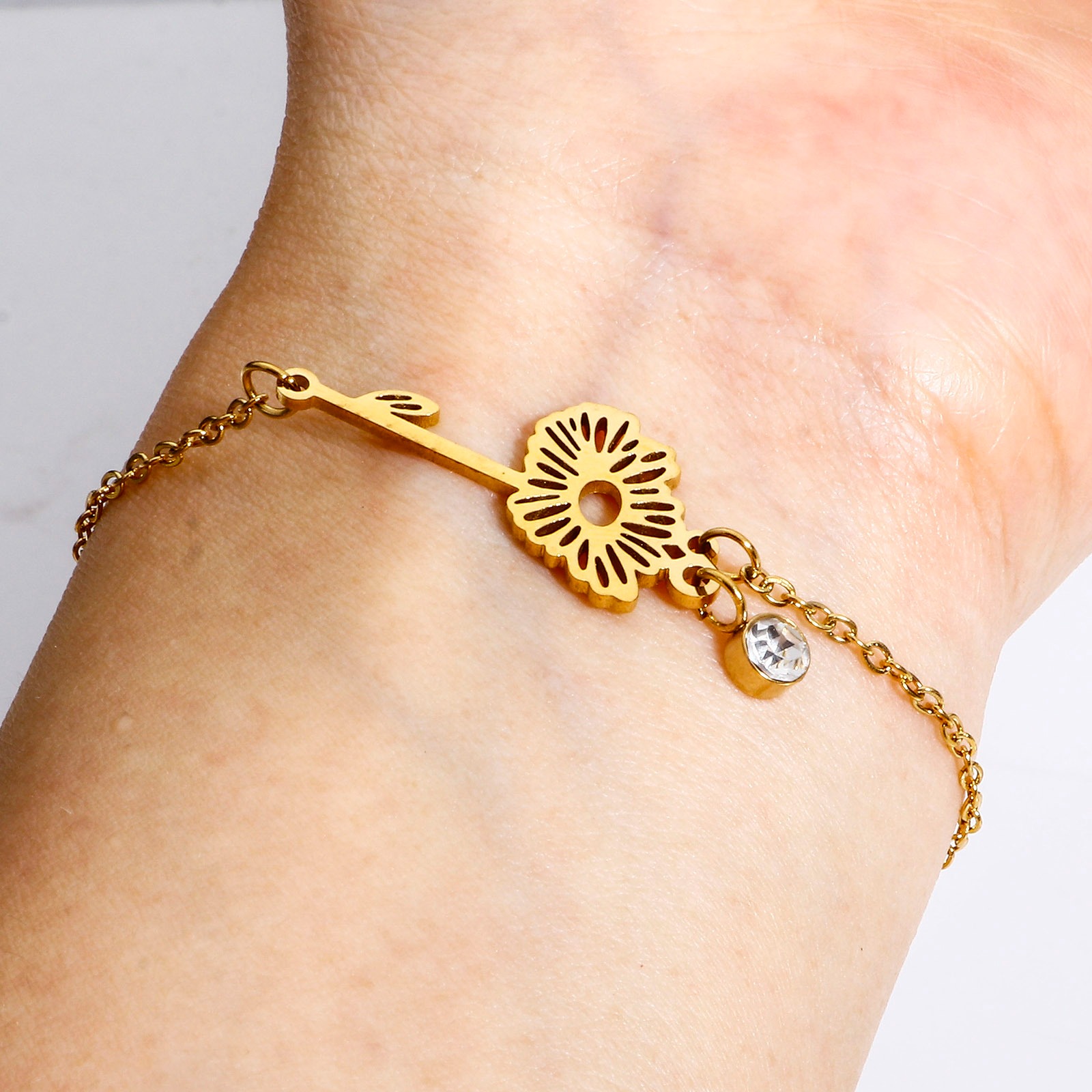 Picture of 304 Stainless Steel Birth Month Flower Link Cable Chain Bracelets 18K Gold Plated Multicolor Rhinestone 16cm(6 2/8") long