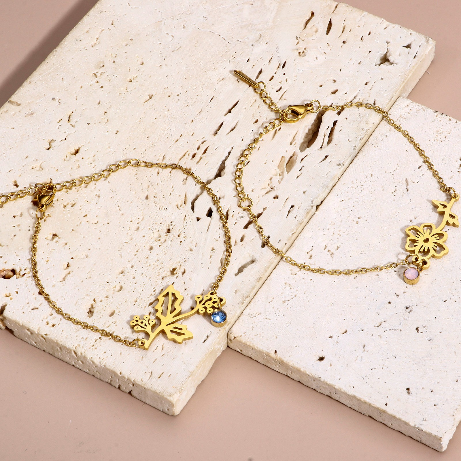 Picture of 304 Stainless Steel Birth Month Flower Link Cable Chain Bracelets 18K Gold Plated Multicolor Rhinestone 16cm(6 2/8") long