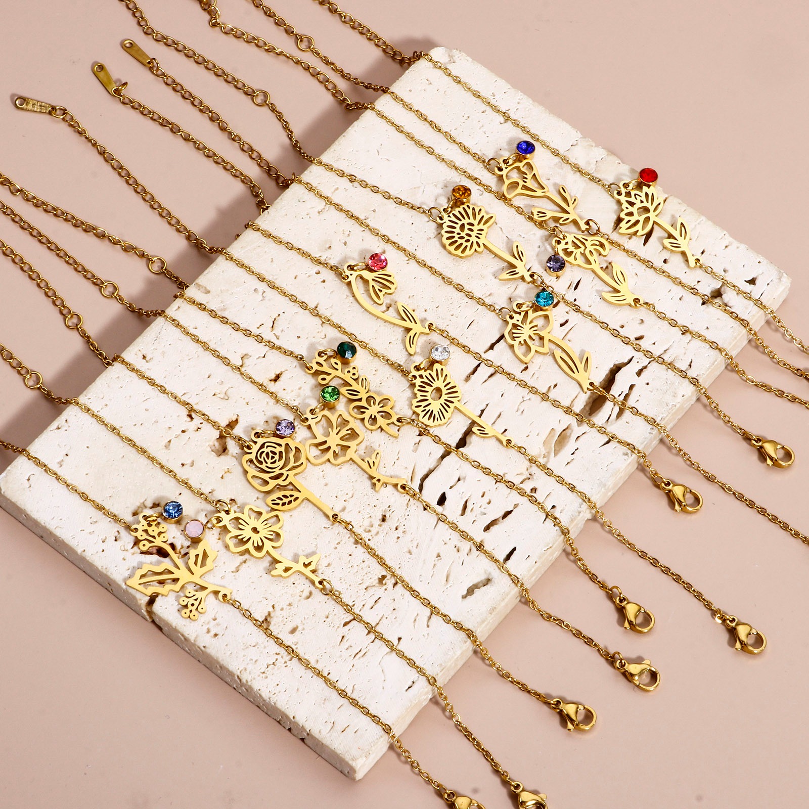 Picture of 304 Stainless Steel Birth Month Flower Link Cable Chain Bracelets 18K Gold Plated Multicolor Rhinestone 16cm(6 2/8") long