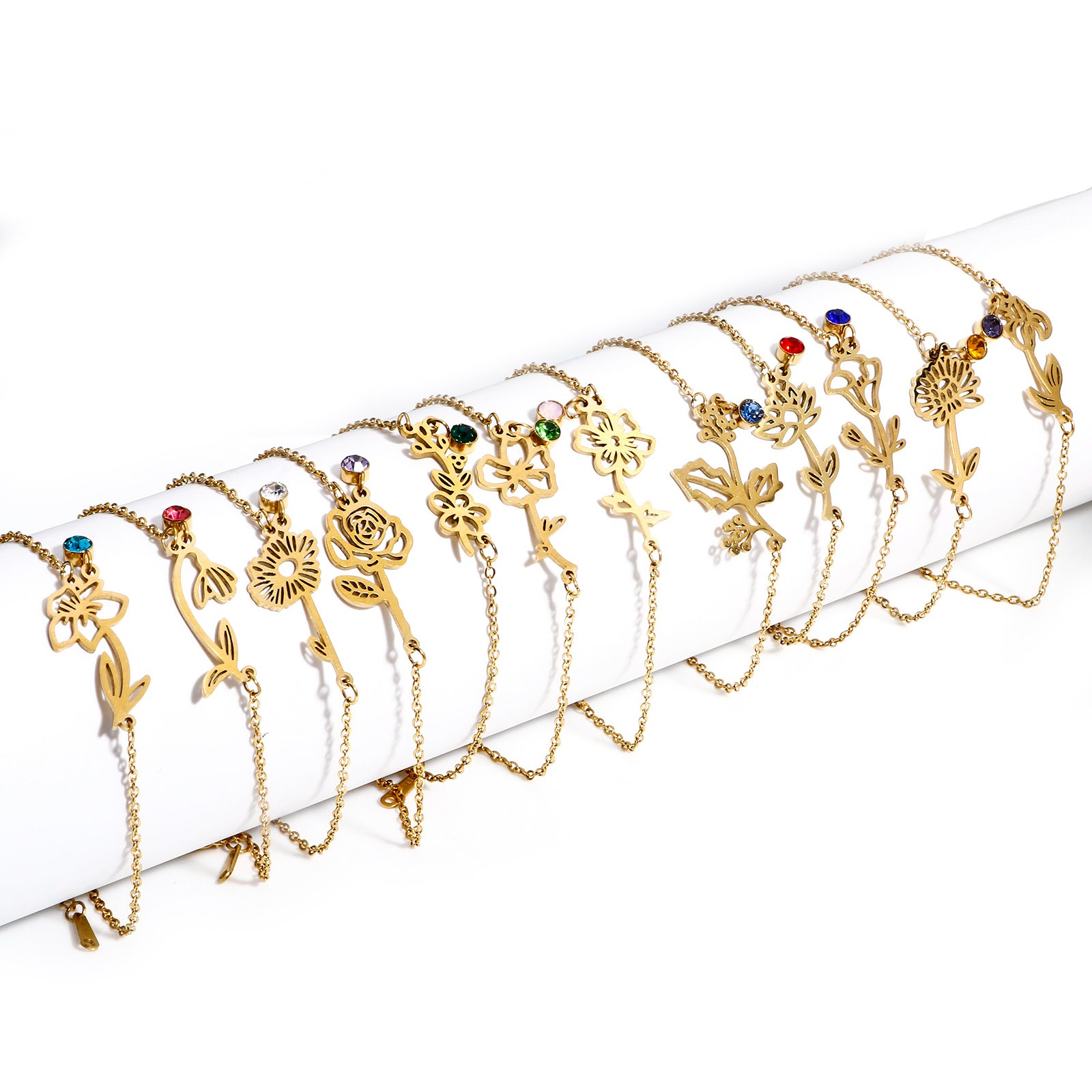 Picture of 304 Stainless Steel Birth Month Flower Link Cable Chain Bracelets 18K Gold Plated Multicolor Rhinestone 16cm(6 2/8") long