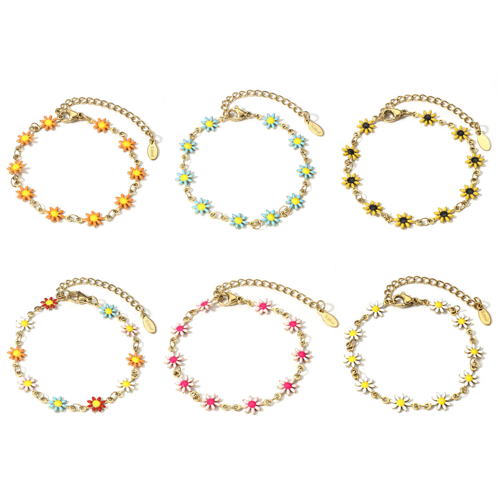 Picture of 304 Stainless Steel Handmade Link Chain Bracelets 18K Gold Plated Daisy Flower With Lobster Claw Clasp And Extender Chain 16cm(6 2/8") long