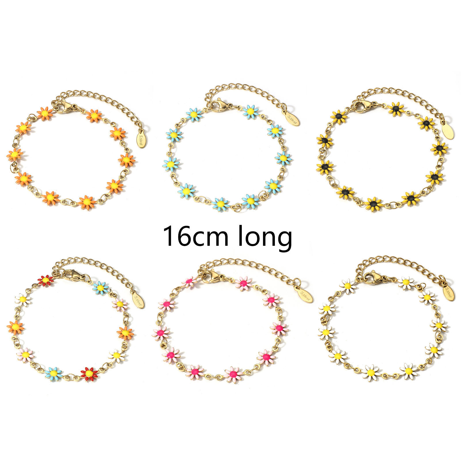 Picture of 304 Stainless Steel Handmade Link Chain Bracelets 18K Gold Plated Daisy Flower With Lobster Claw Clasp And Extender Chain 16cm(6 2/8") long