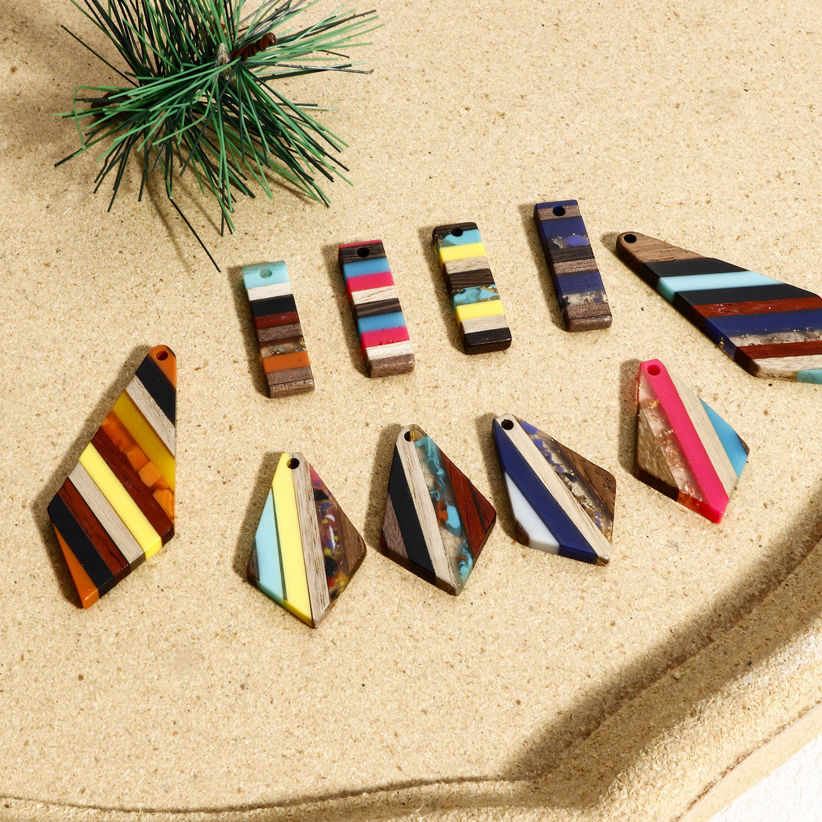 Picture of Natural Wood Effect Resin Charms Multicolor Geometric Stripe