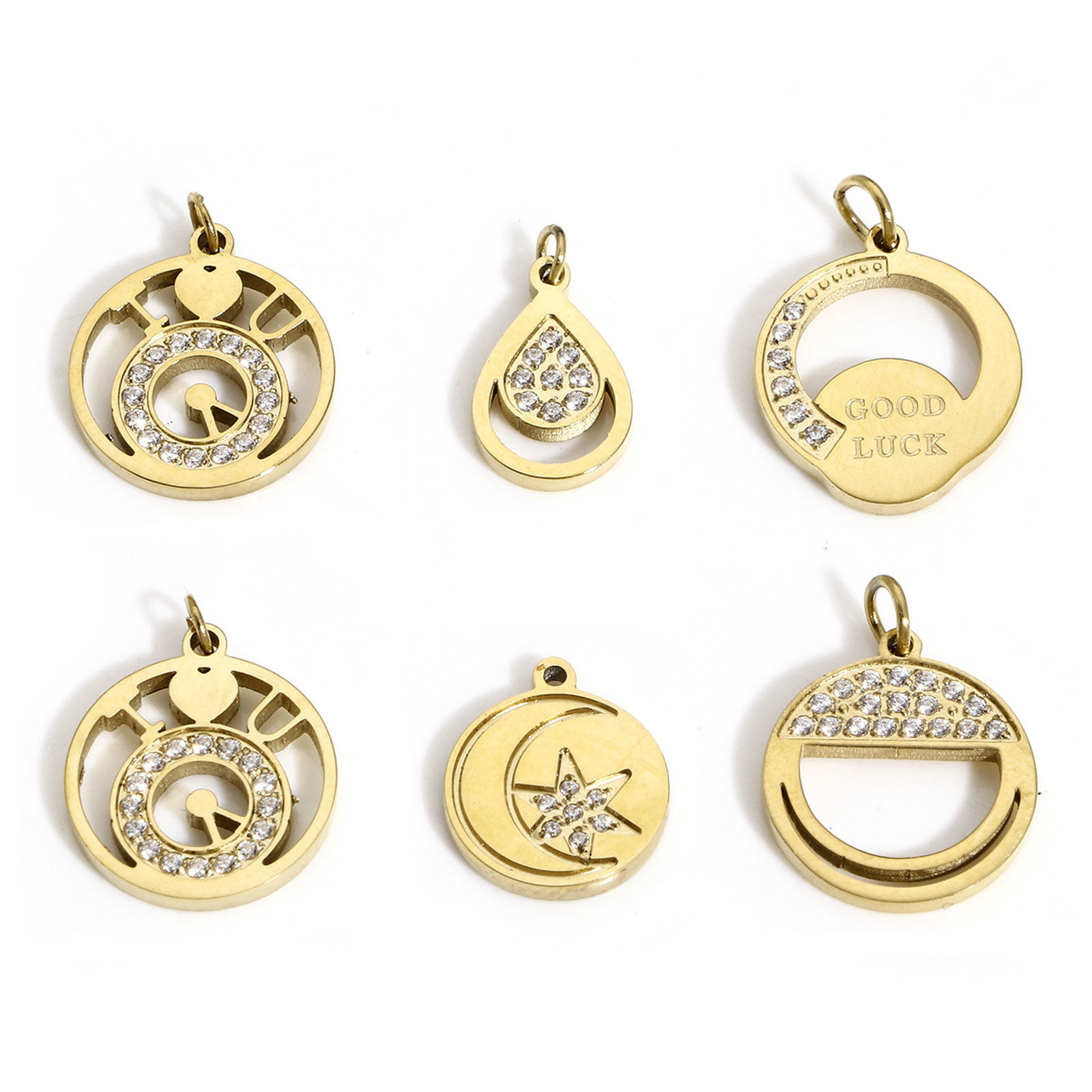 Picture of 316 Stainless Steel Geometry Series Charms Gold Plated Round Moon Clear Cubic Zirconia