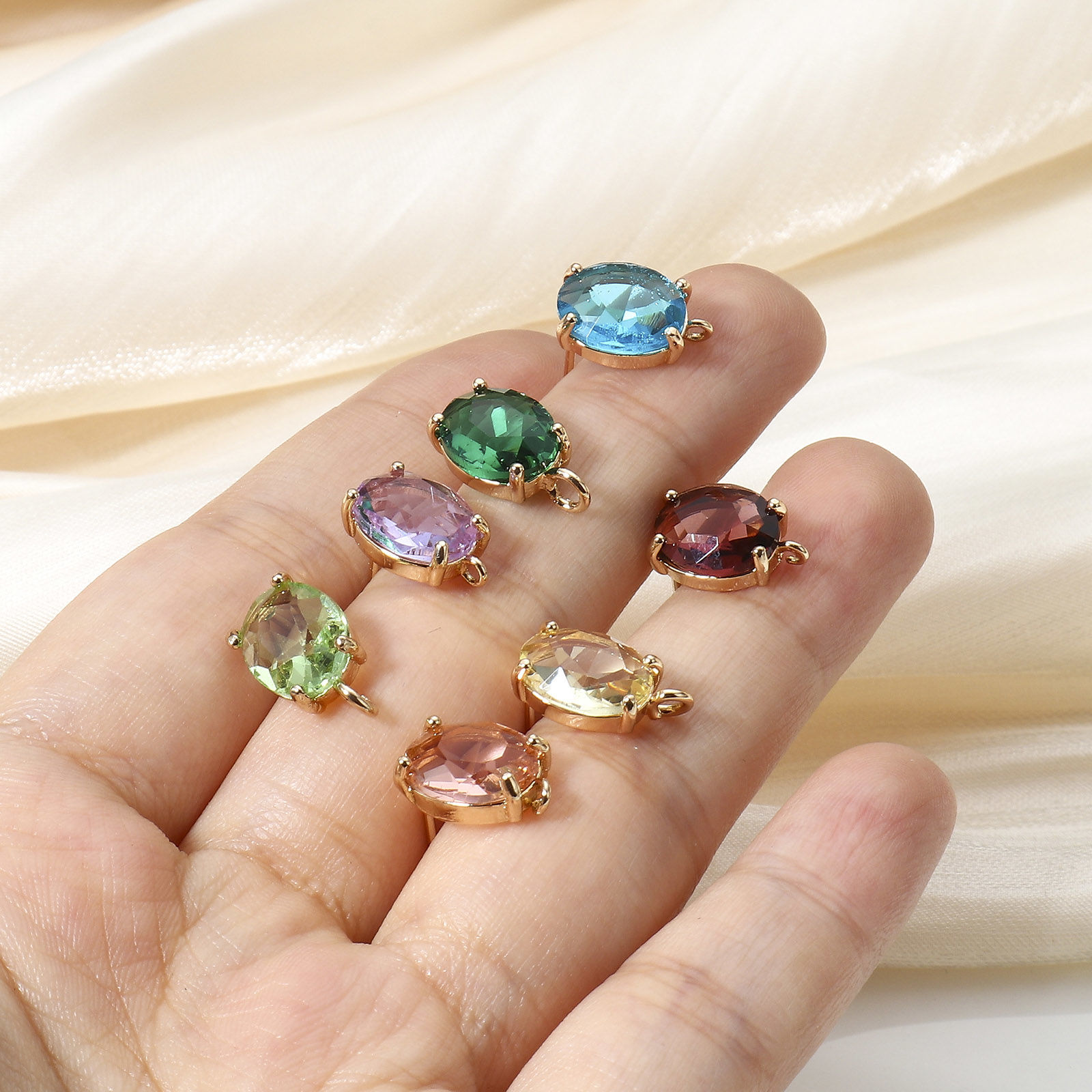 Picture of Brass & Glass Ear Post Stud Earrings Gold Plated Oval Multicolor Rhinestone With Loop