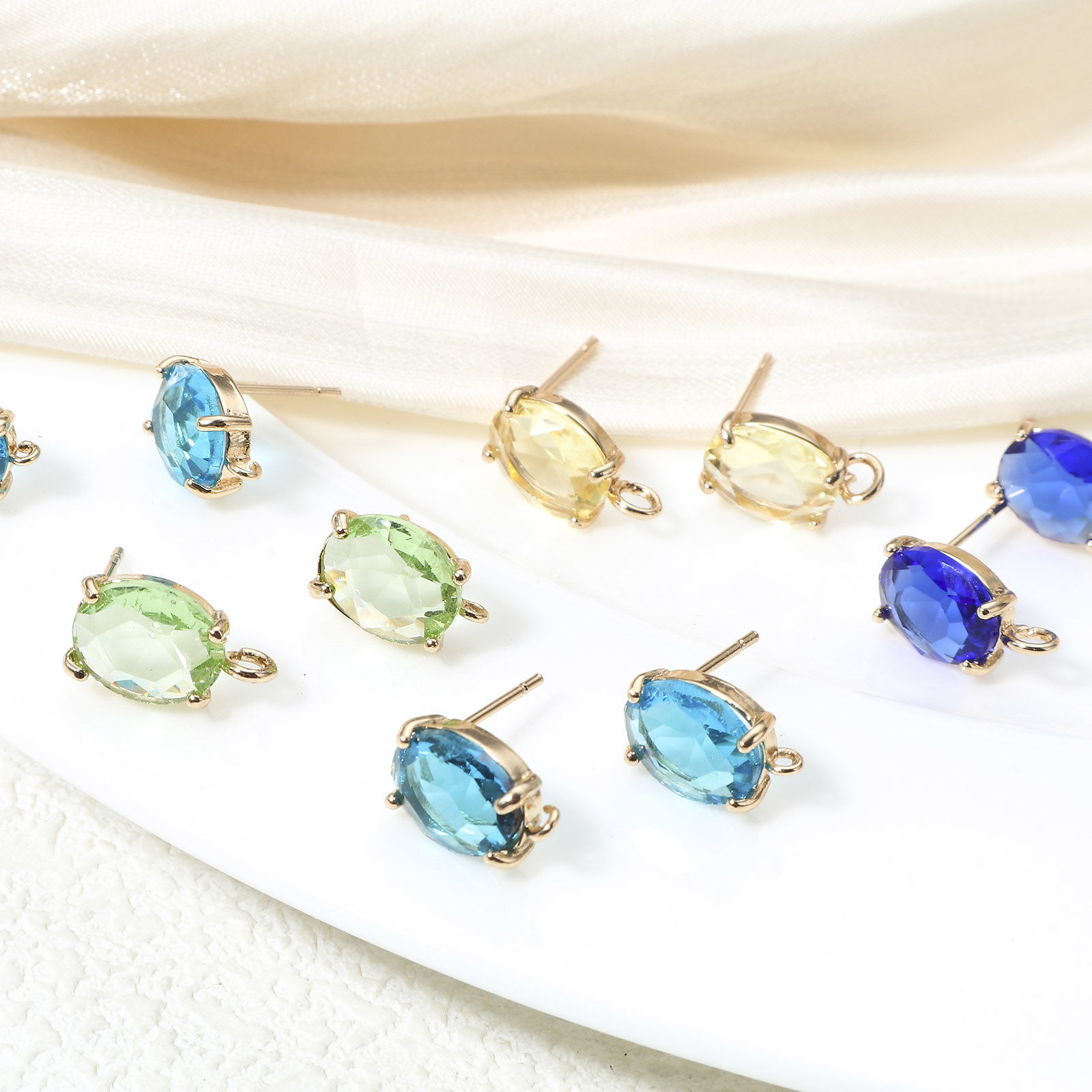 Picture of Brass & Glass Ear Post Stud Earrings Gold Plated Oval Multicolor Rhinestone With Loop