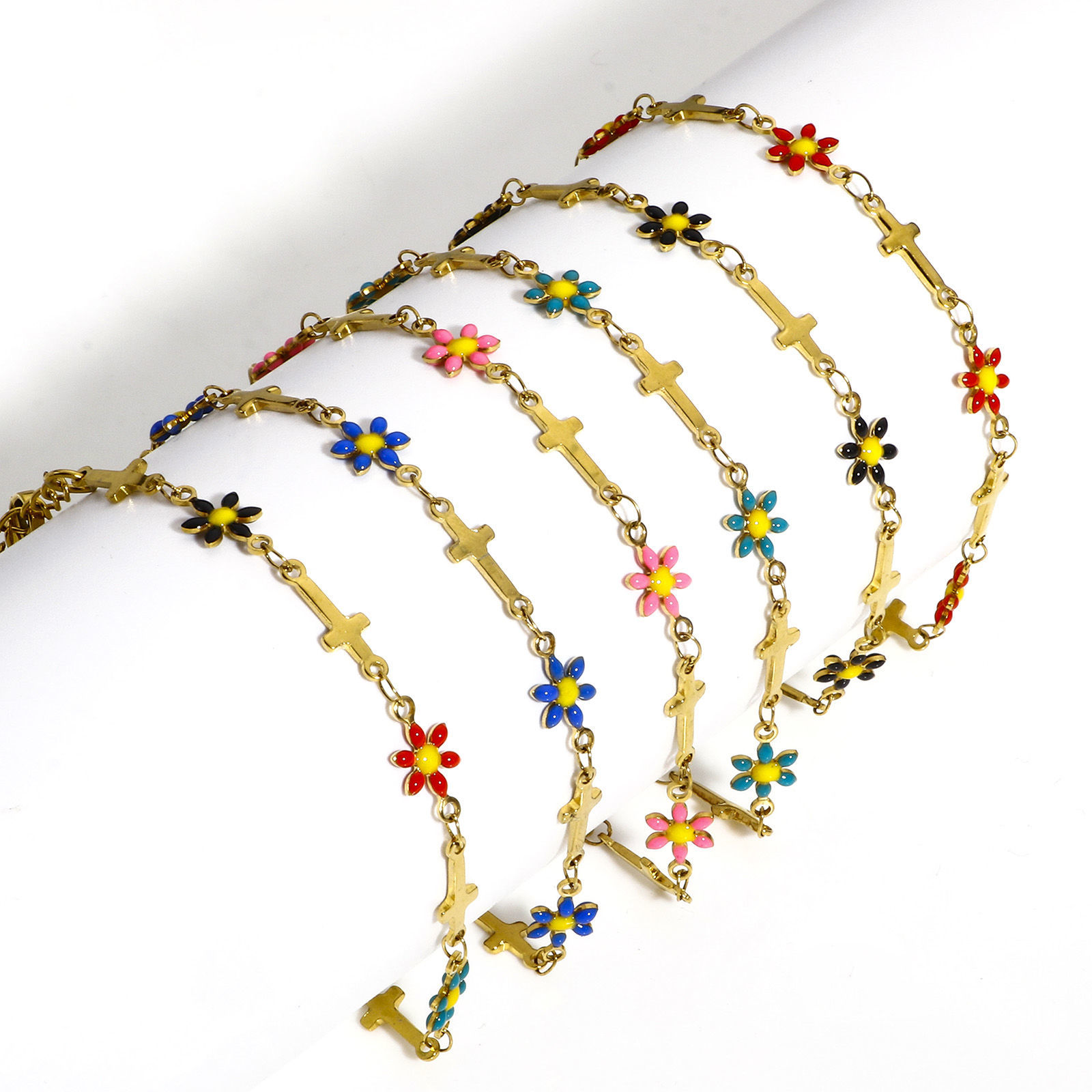 Picture of 304 Stainless Steel Religious Handmade Link Chain Bracelets Gold Plated Cross Daisy Flower Double-sided Enamel 17.5cm(6 7/8") long