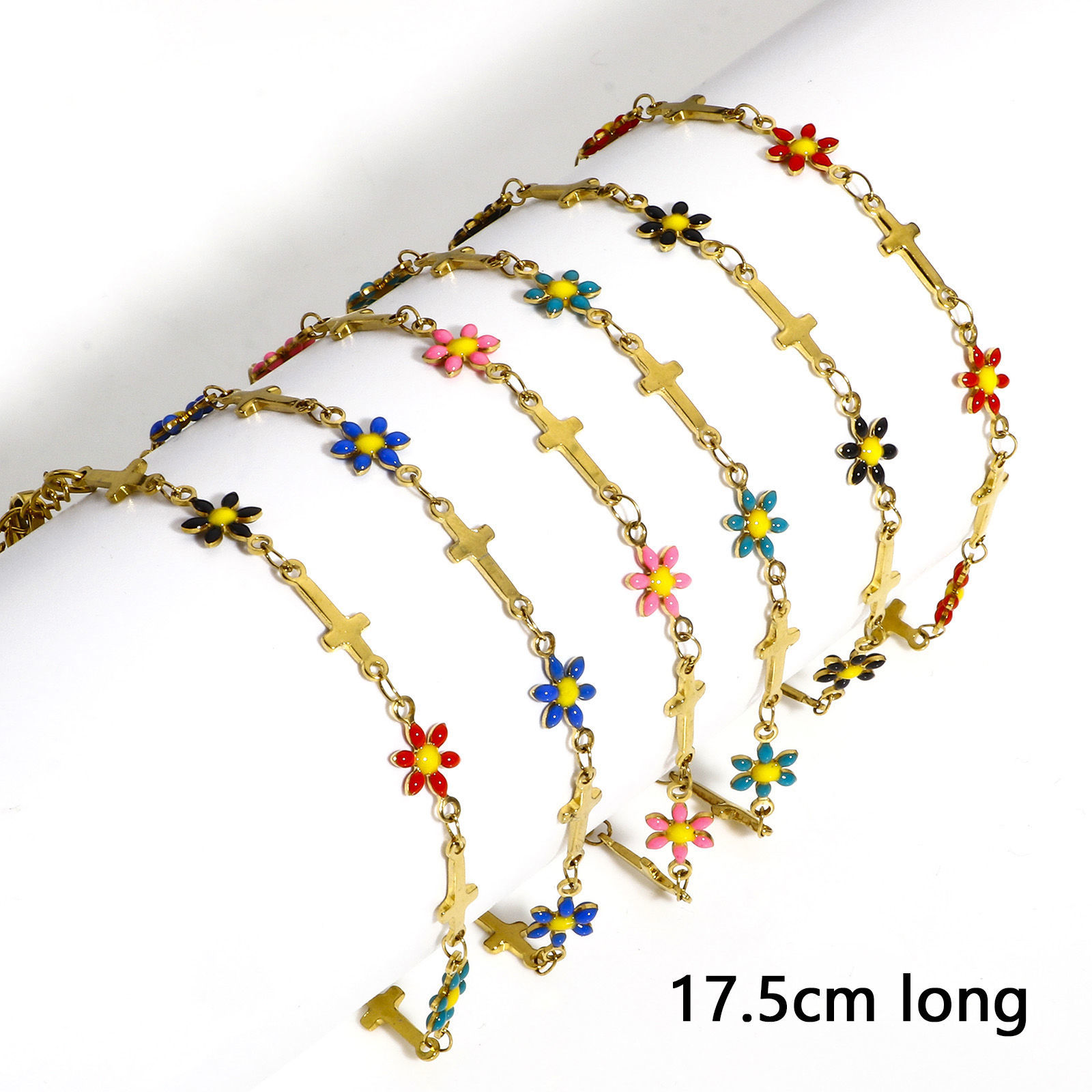 Picture of 304 Stainless Steel Religious Handmade Link Chain Bracelets Gold Plated Cross Daisy Flower Double-sided Enamel 17.5cm(6 7/8") long
