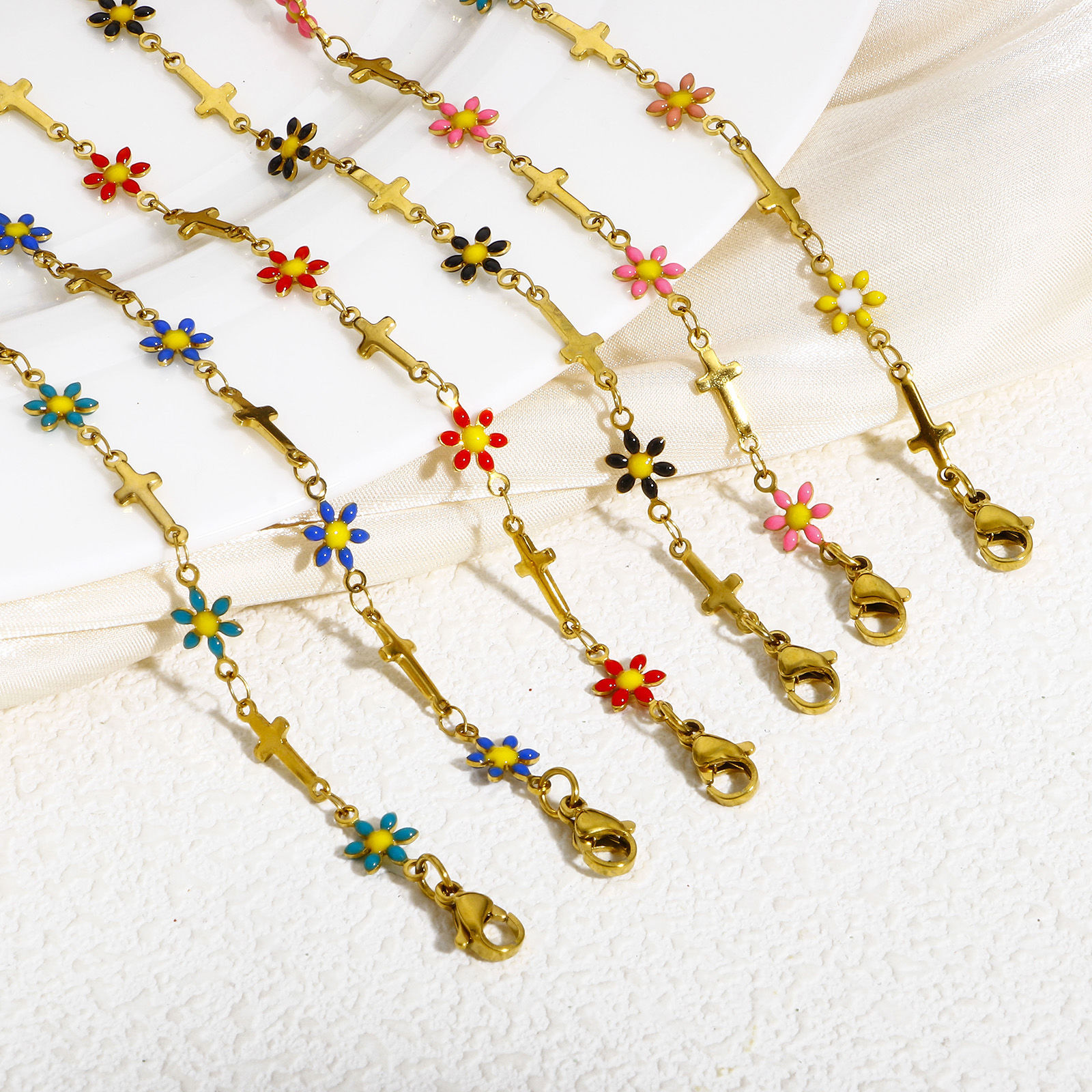 Picture of 304 Stainless Steel Religious Handmade Link Chain Bracelets Gold Plated Cross Daisy Flower Double-sided Enamel 17.5cm(6 7/8") long