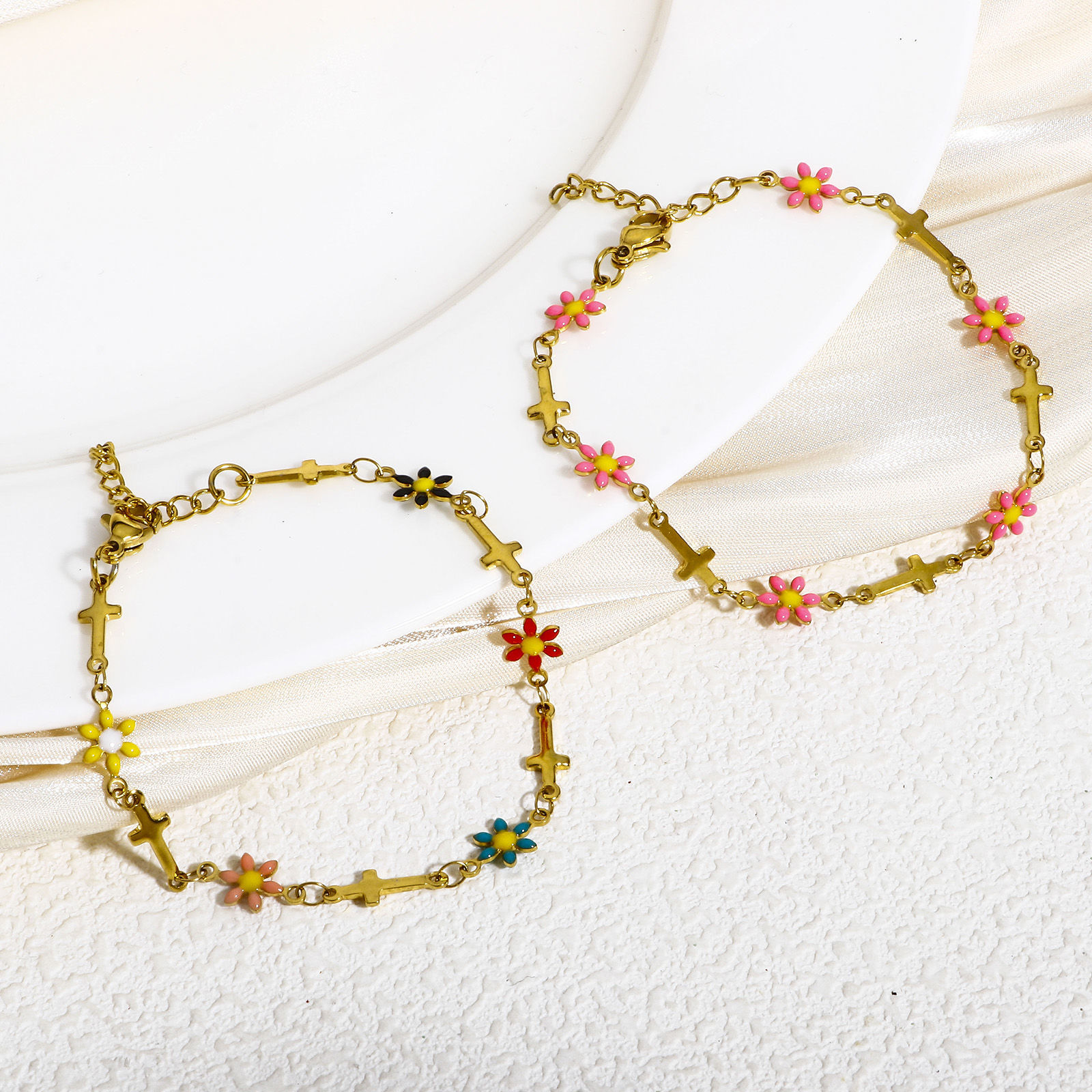 Picture of 304 Stainless Steel Religious Handmade Link Chain Bracelets Gold Plated Cross Daisy Flower Double-sided Enamel 17.5cm(6 7/8") long
