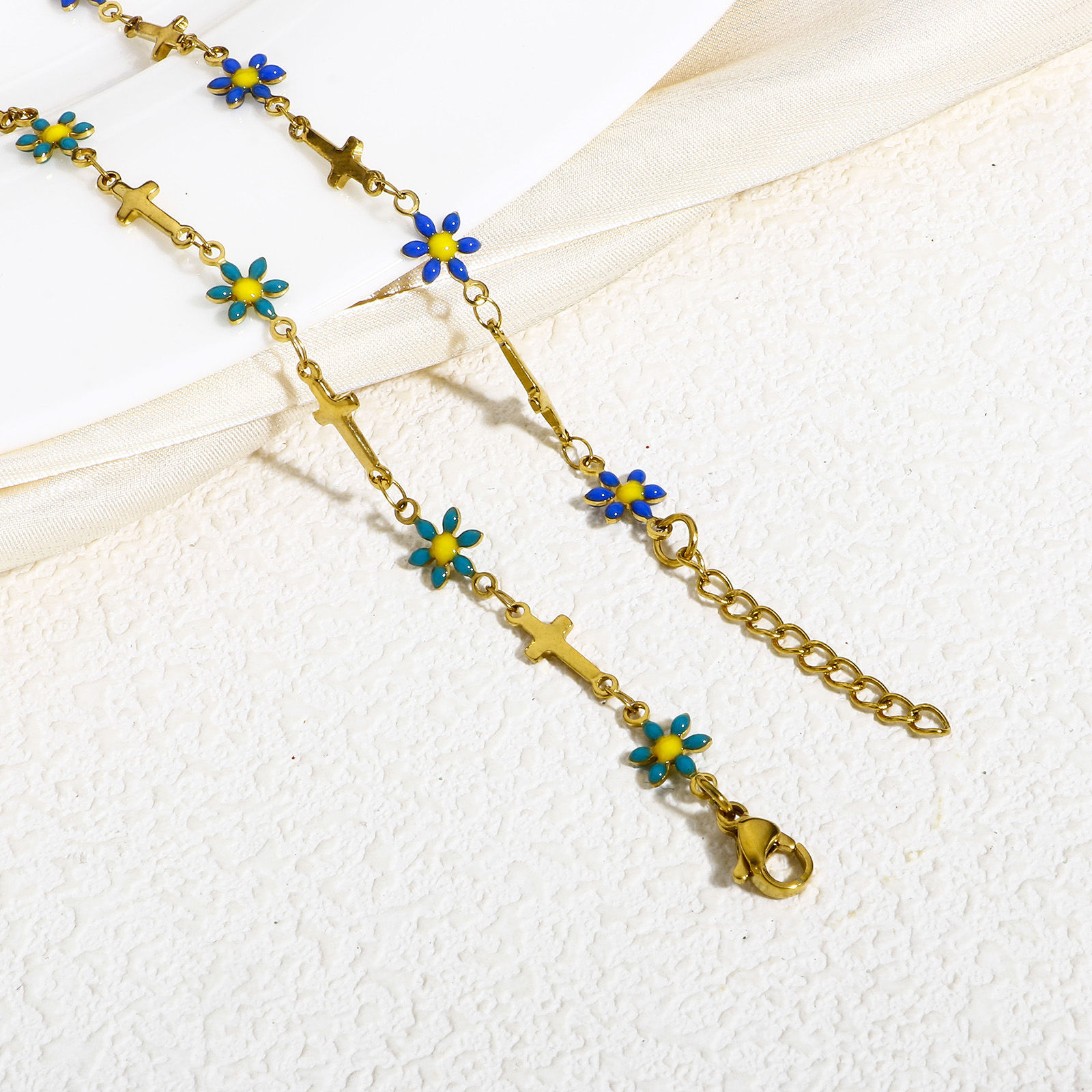 Picture of 304 Stainless Steel Religious Handmade Link Chain Bracelets Gold Plated Cross Daisy Flower Double-sided Enamel 17.5cm(6 7/8") long