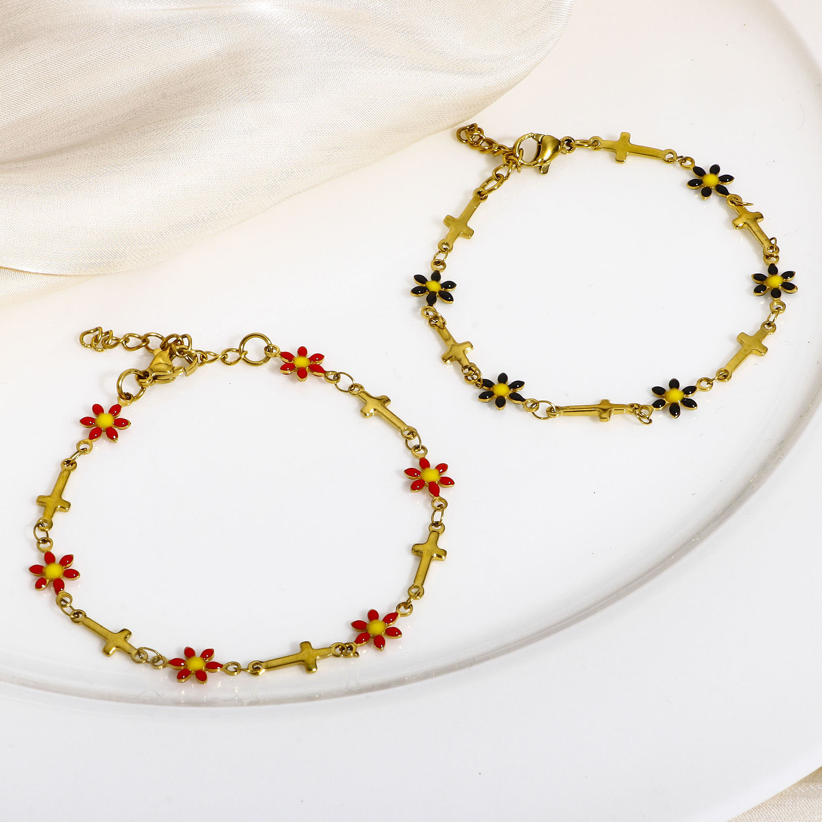Picture of 304 Stainless Steel Religious Handmade Link Chain Bracelets Gold Plated Cross Daisy Flower Double-sided Enamel 17.5cm(6 7/8") long