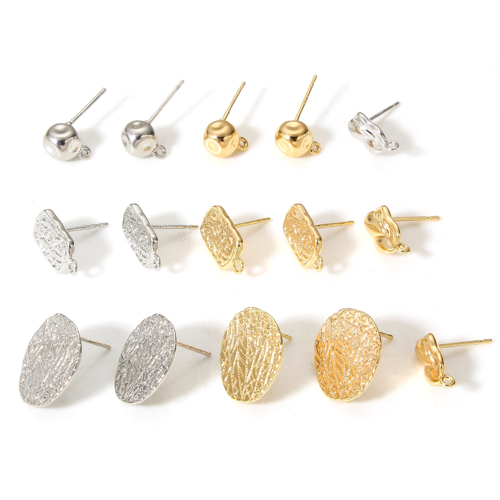 Immagine di 2 Pz Ottone Martellato Orecchino a Bottone per Orecchio con Accessori per Connettori ad Anello Vero Oro Placcato Ovale goffratura