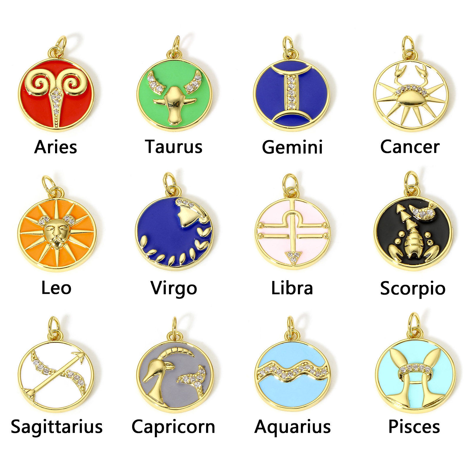 Picture of Brass Charms 18K Real Gold Plated Multicolor Round Disc Constellation Enamel Clear Cubic Zirconia 22mm x 16mm