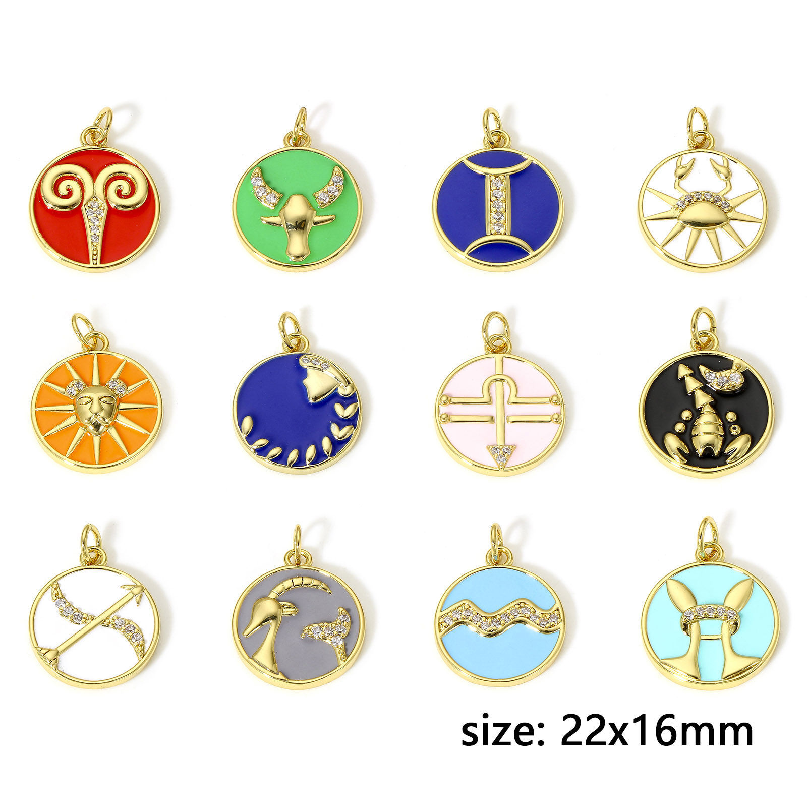Picture of Brass Charms 18K Real Gold Plated Multicolor Round Disc Constellation Enamel Clear Cubic Zirconia 22mm x 16mm