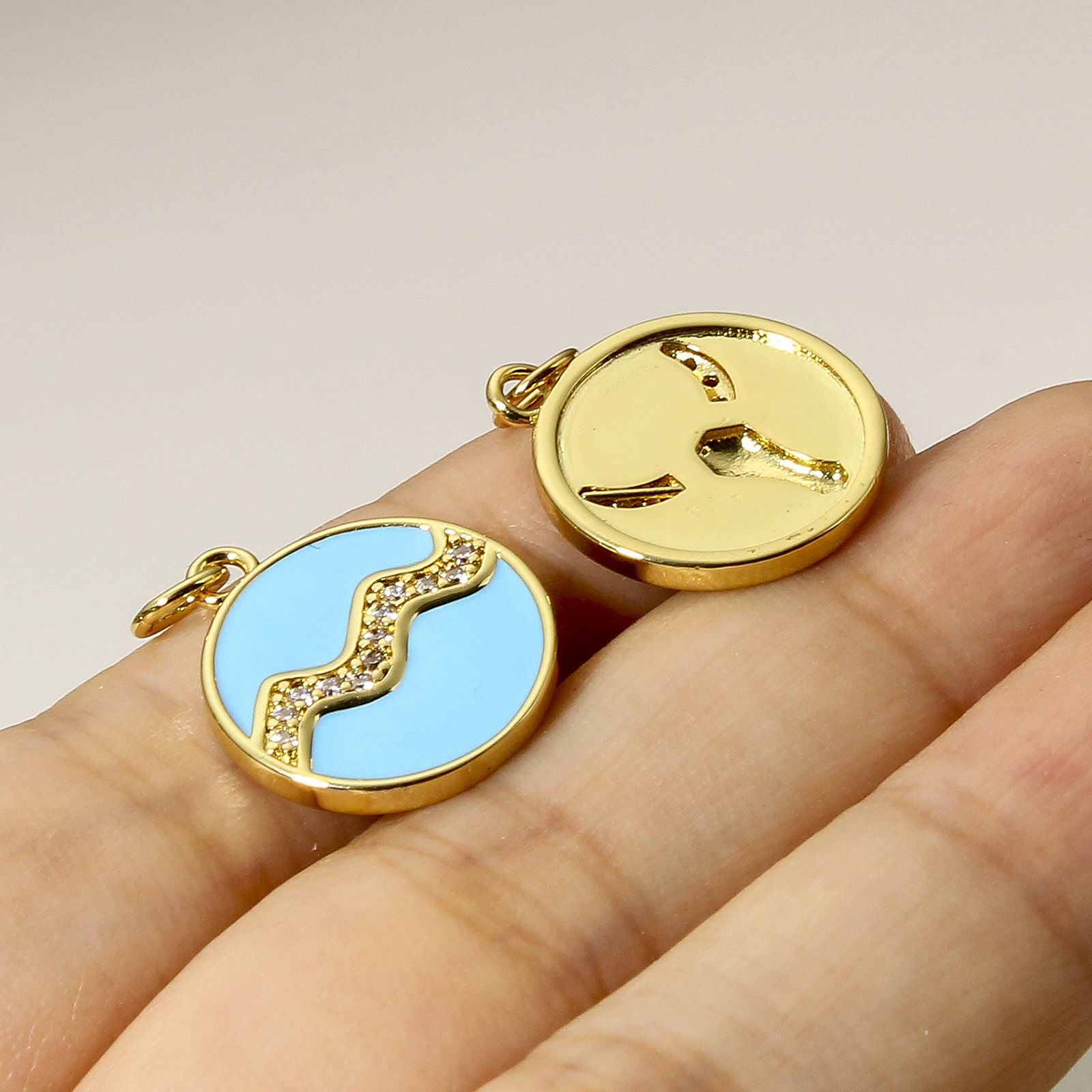 Picture of Brass Charms 18K Real Gold Plated Multicolor Round Disc Constellation Enamel Clear Cubic Zirconia 22mm x 16mm