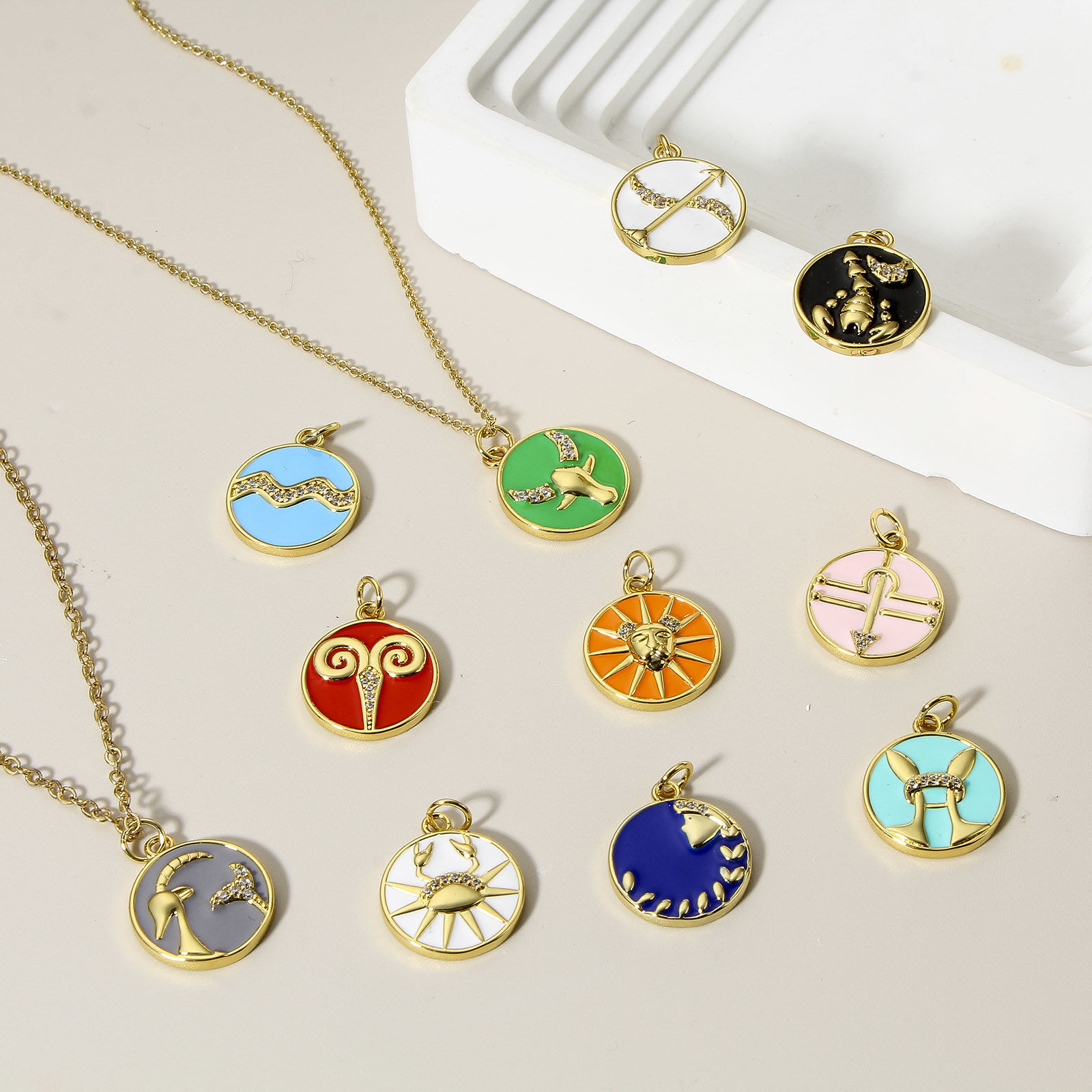 Picture of Brass Charms 18K Real Gold Plated Multicolor Round Disc Constellation Enamel Clear Cubic Zirconia 22mm x 16mm