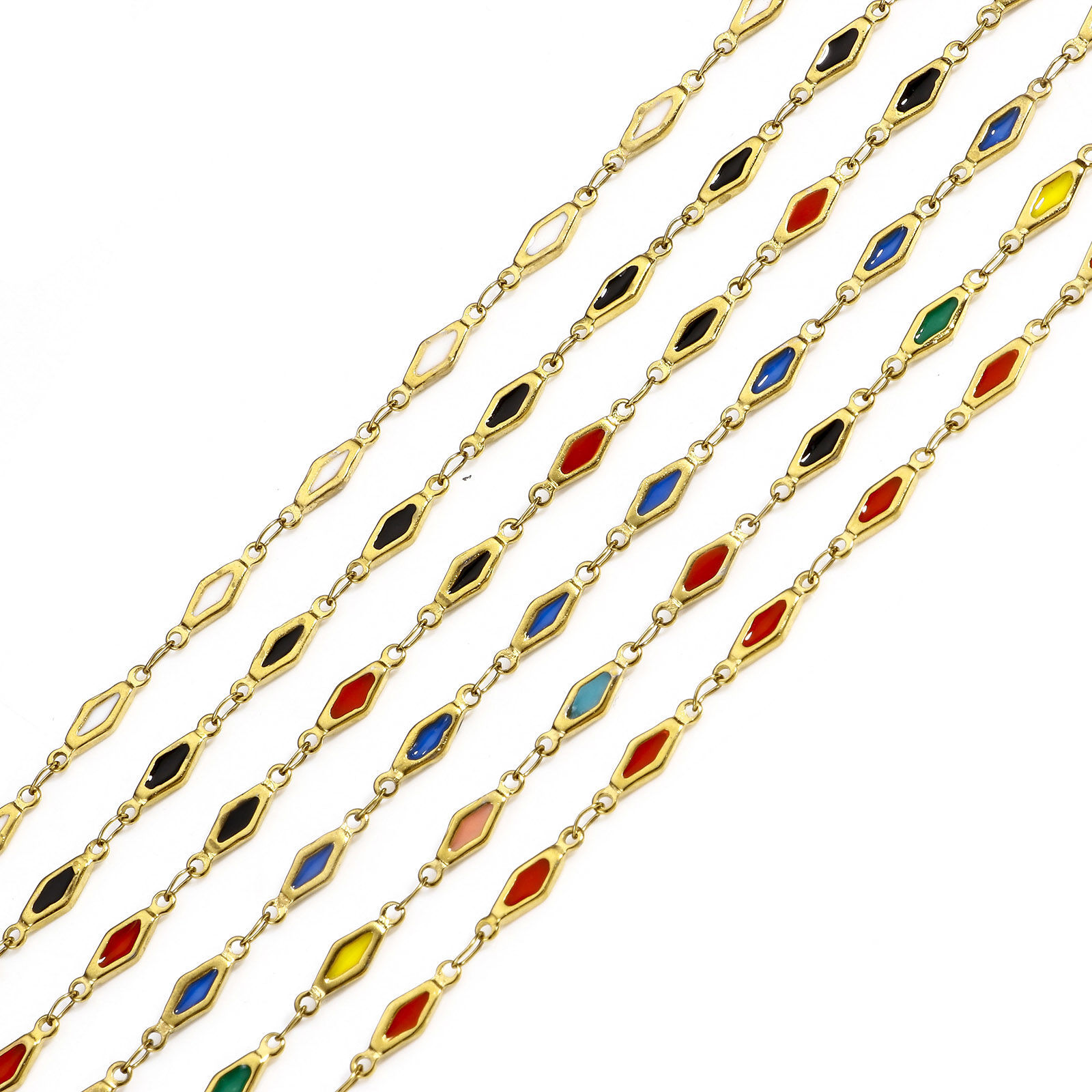Picture of 1 M Vacuum Plating 304 Stainless Steel Double-sided Enamel Handmade Link Chain For Handmade DIY Jewelry Making Findings Rhombus 18K Gold Plated 4mm