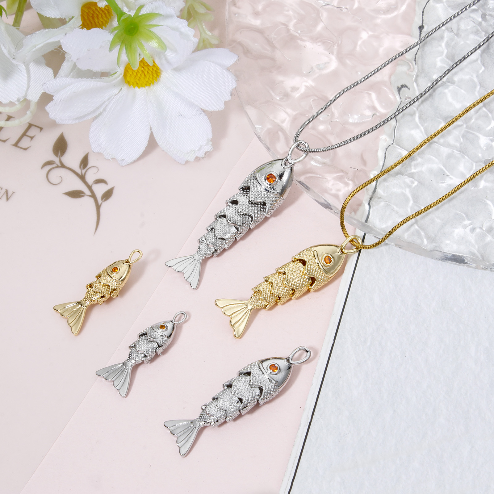 Picture of Eco-friendly Brass Ocean Jewelry Pendants Real Gold Plated Fish Animal 3D Movable Orange-red Cubic Zirconia