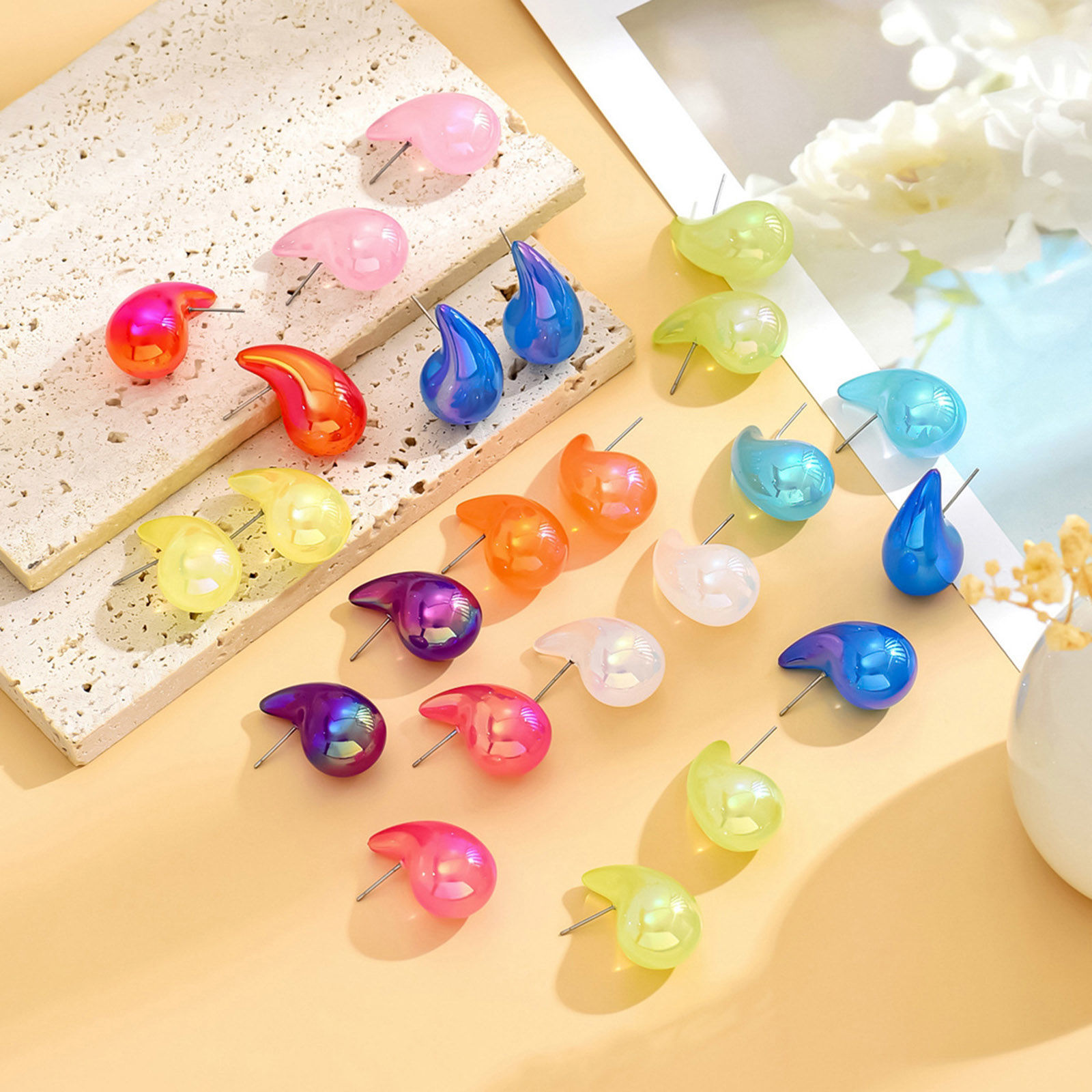 Picture of Acrylic Stylish Ear Post Teardrop Chubby Stud Earrings Multicolor Cashew Drop Colorful