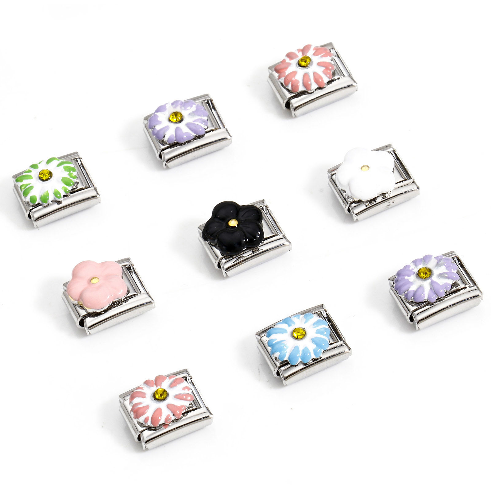 Picture of 304 Stainless Steel Italian Charm Links For DIY Bracelet Jewelry Making Silver Tone Rectangle Carved Pattern Yellow Rhinestone 10mm x 9mm