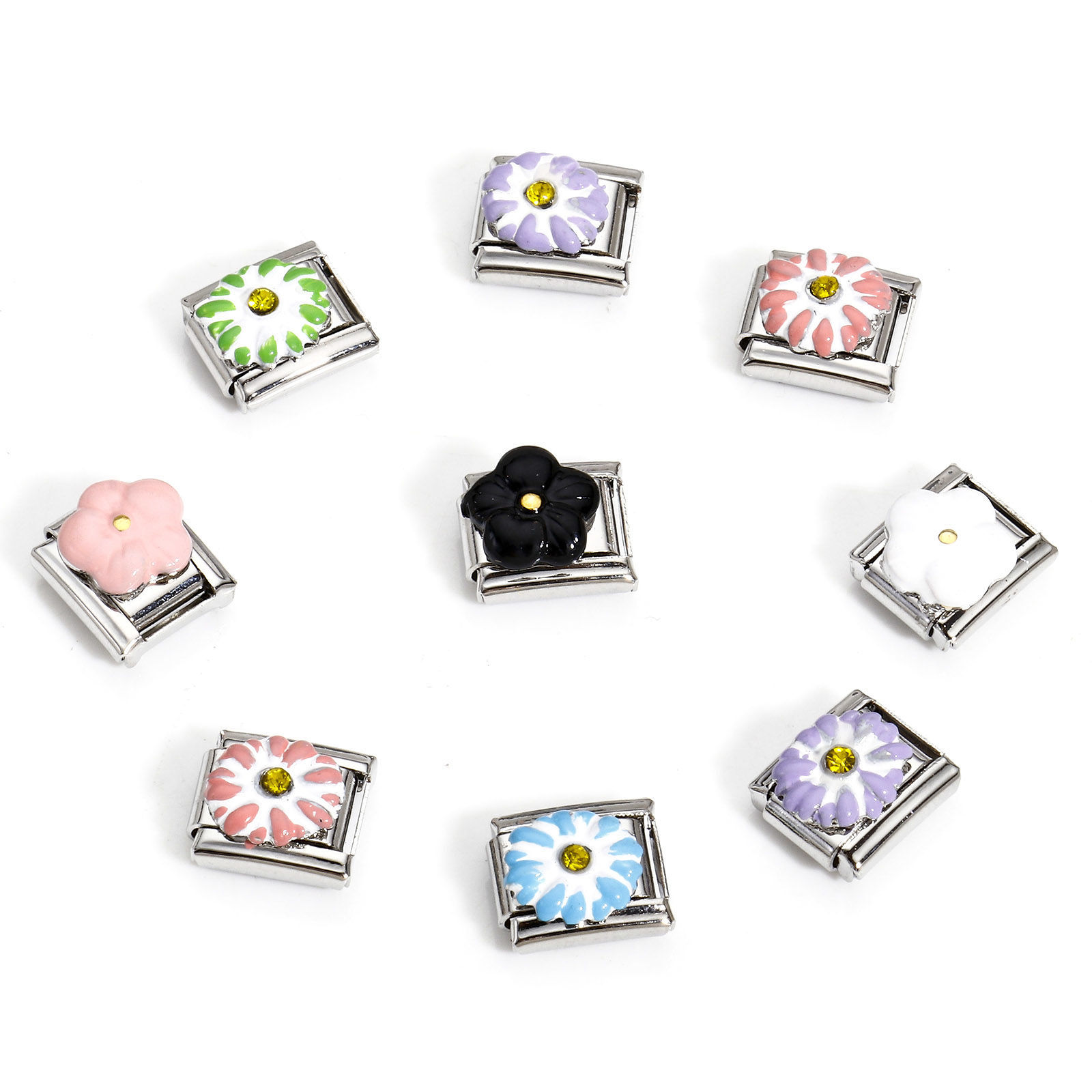Picture of 304 Stainless Steel Italian Charm Links For DIY Bracelet Jewelry Making Silver Tone Rectangle Carved Pattern Yellow Rhinestone 10mm x 9mm