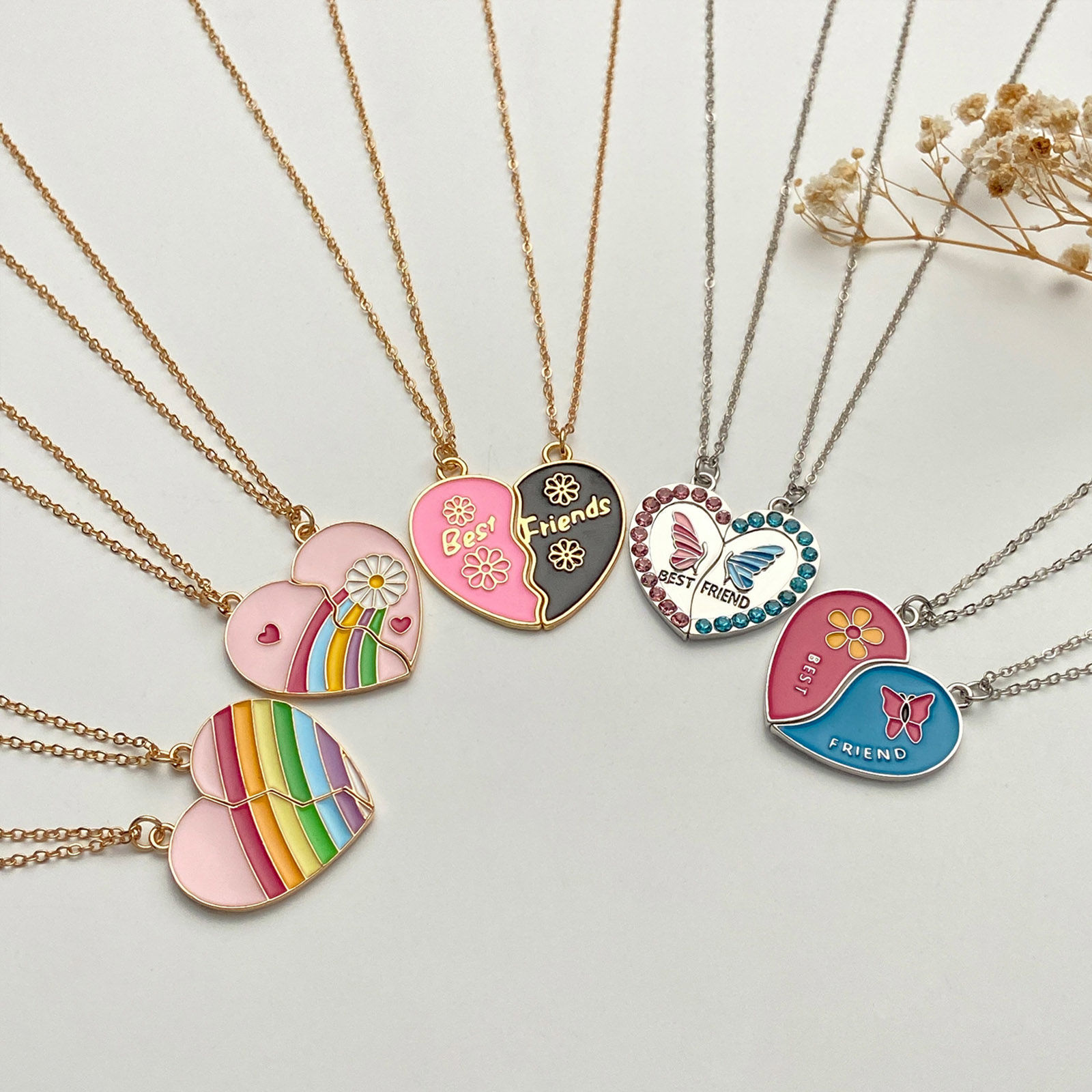 Picture of Best Friends Pendant Necklace Multicolor Broken Heart Flower Message " BEST FRIENDS " Enamel