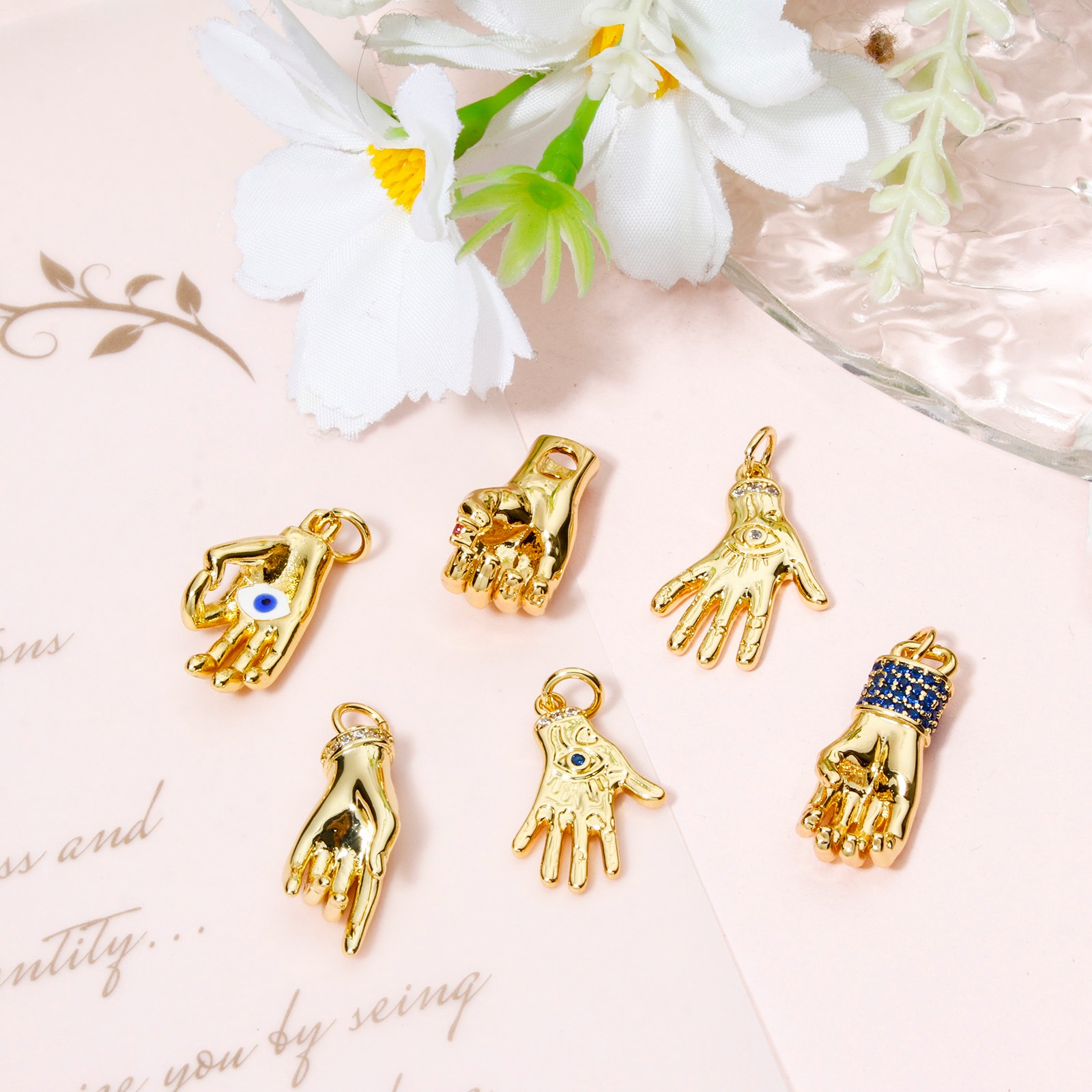 Picture of Brass Charms 14K Real Gold Plated Hand Sign Gesture 3D