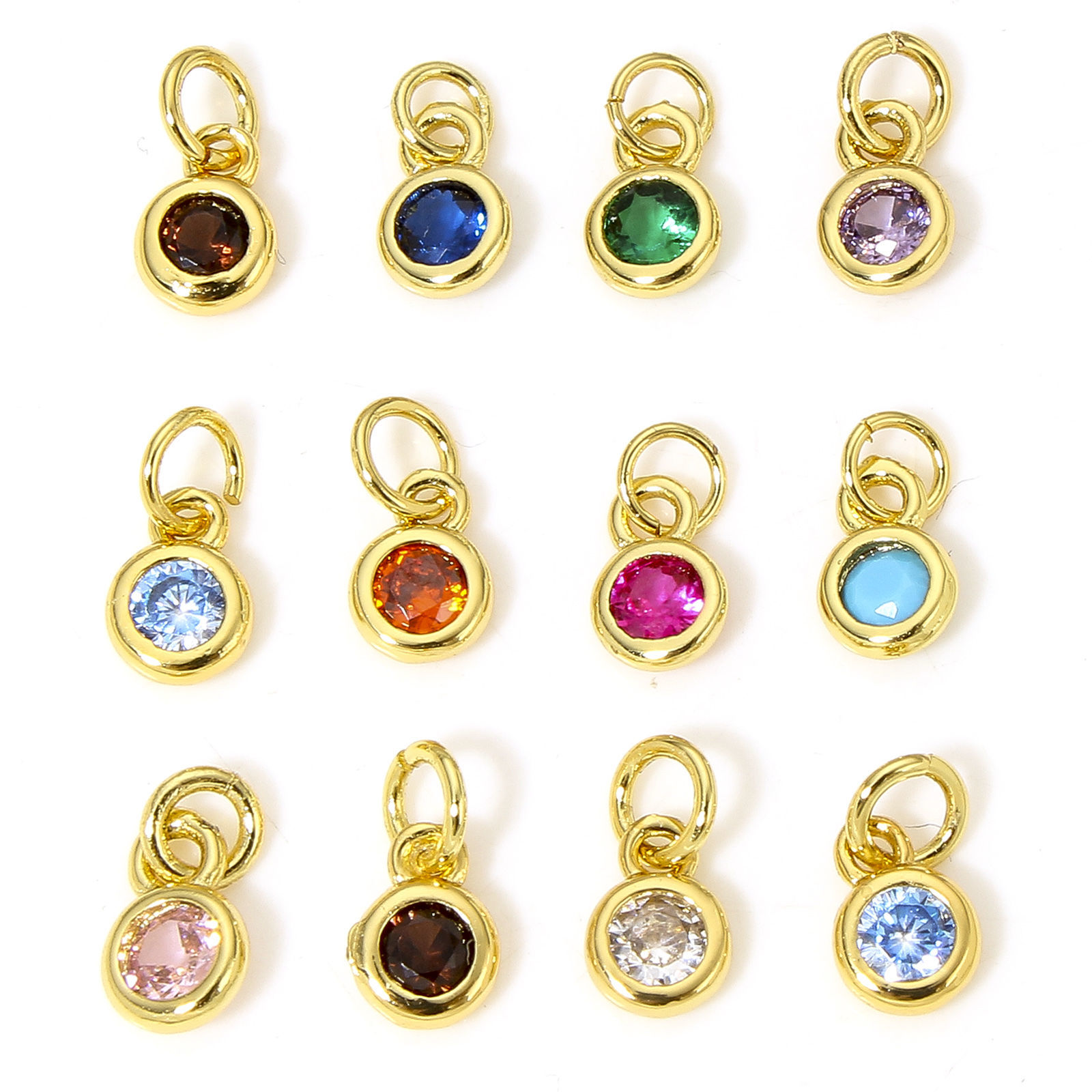 Picture of Brass Charms 18K Real Gold Plated Round Multicolour Cubic Zirconia 9mm x 4mm
