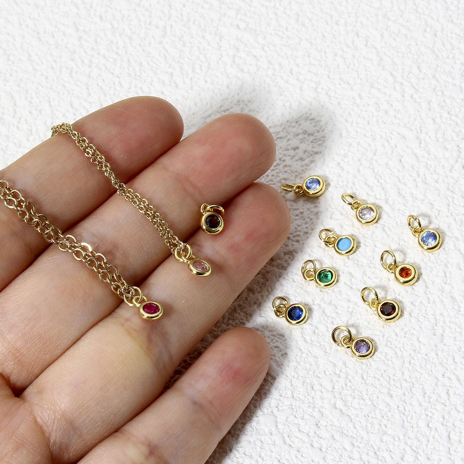 Picture of Brass Charms 18K Real Gold Plated Round Multicolour Cubic Zirconia 9mm x 4mm