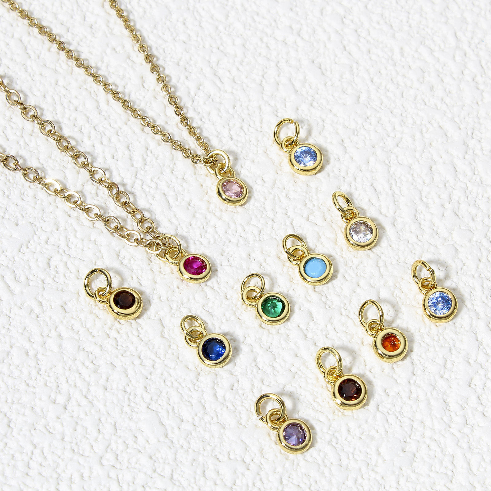 Picture of Brass Charms 18K Real Gold Plated Round Multicolour Cubic Zirconia 9mm x 4mm