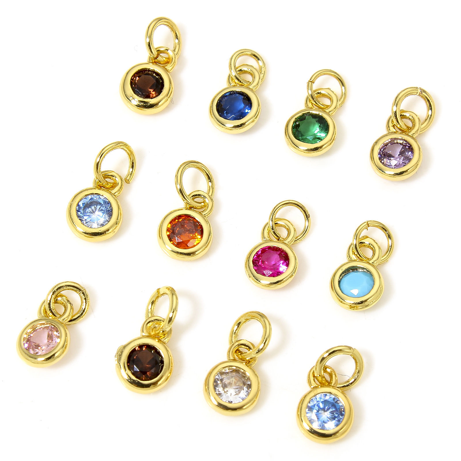 Picture of Brass Charms 18K Real Gold Plated Round Multicolour Cubic Zirconia 9mm x 4mm
