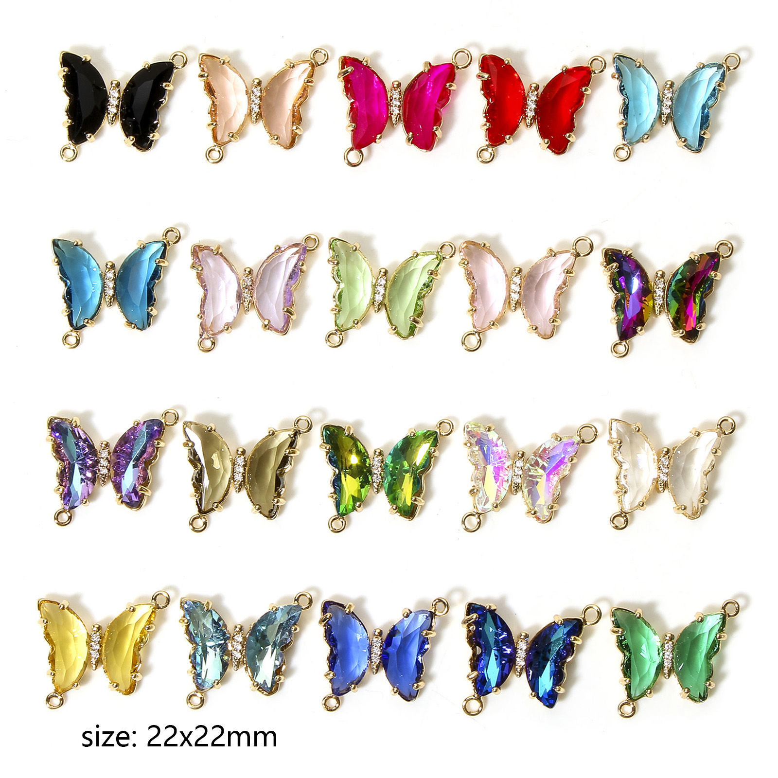 Picture of Brass & Glass Insect Connectors Charms Pendants Gold Plated Multicolor Butterfly Animal Clear Rhinestone 22mm x 22mm