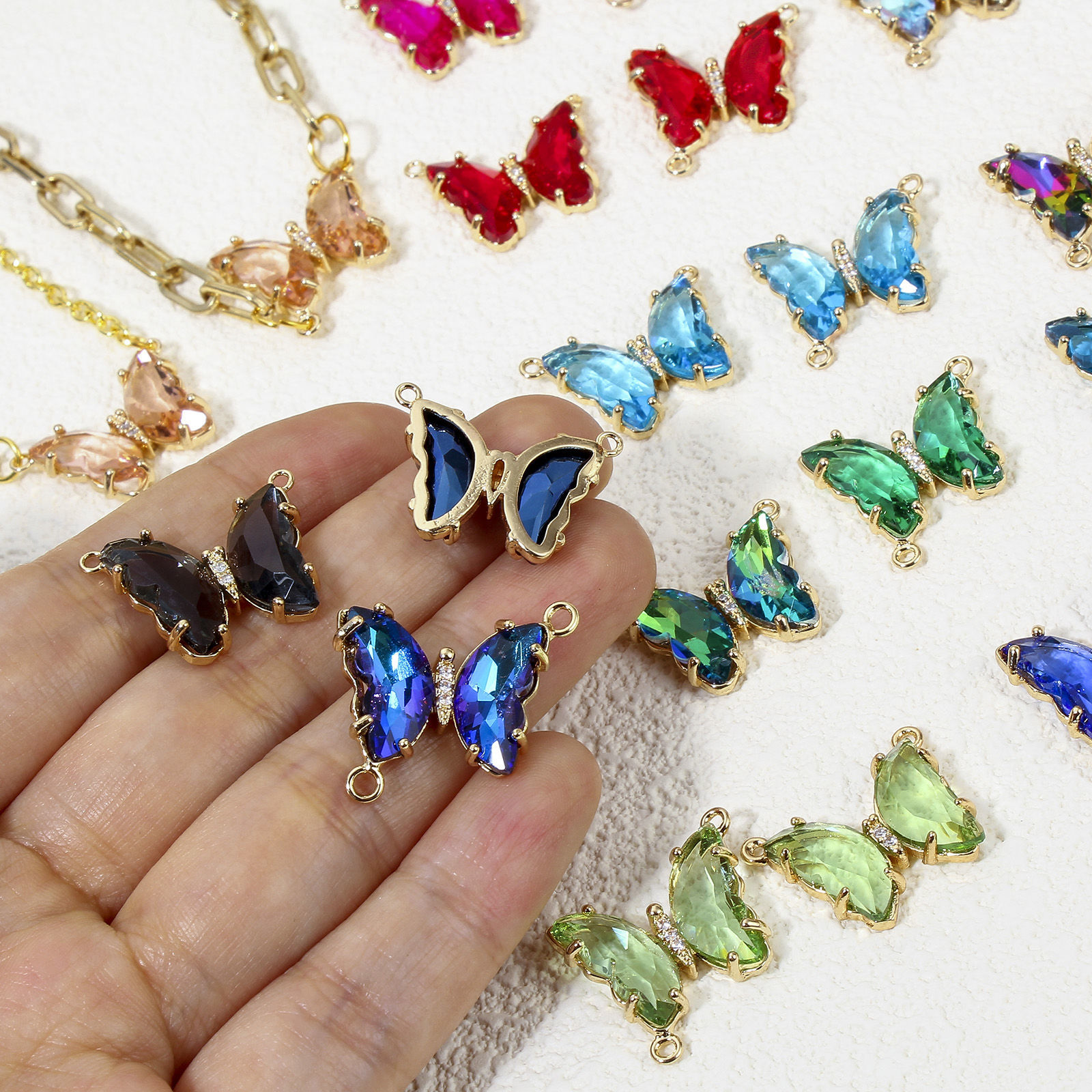 Picture of Brass & Glass Insect Connectors Charms Pendants Gold Plated Multicolor Butterfly Animal Clear Rhinestone 22mm x 22mm