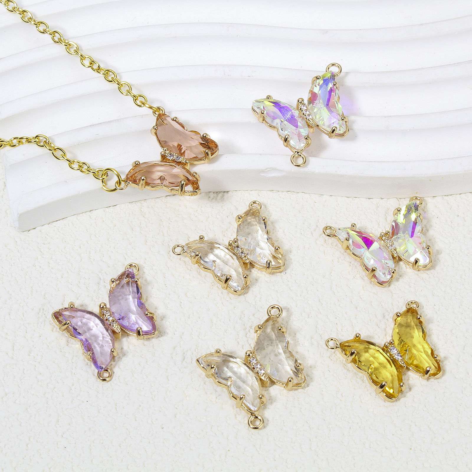 Picture of Brass & Glass Insect Connectors Charms Pendants Gold Plated Multicolor Butterfly Animal Clear Rhinestone 22mm x 22mm
