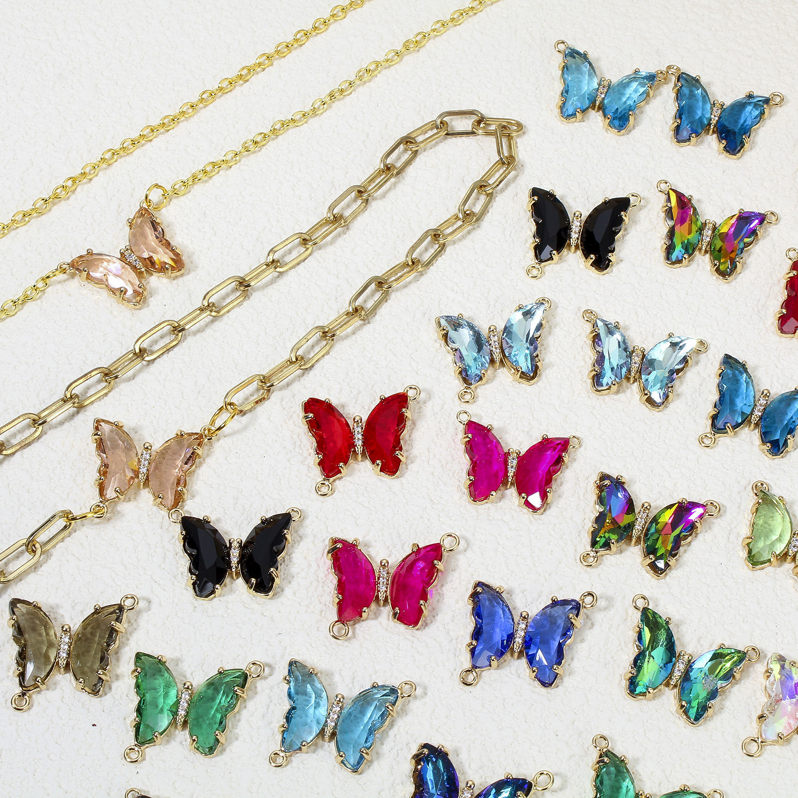 Picture of Brass & Glass Insect Connectors Charms Pendants Gold Plated Multicolor Butterfly Animal Clear Rhinestone 22mm x 22mm