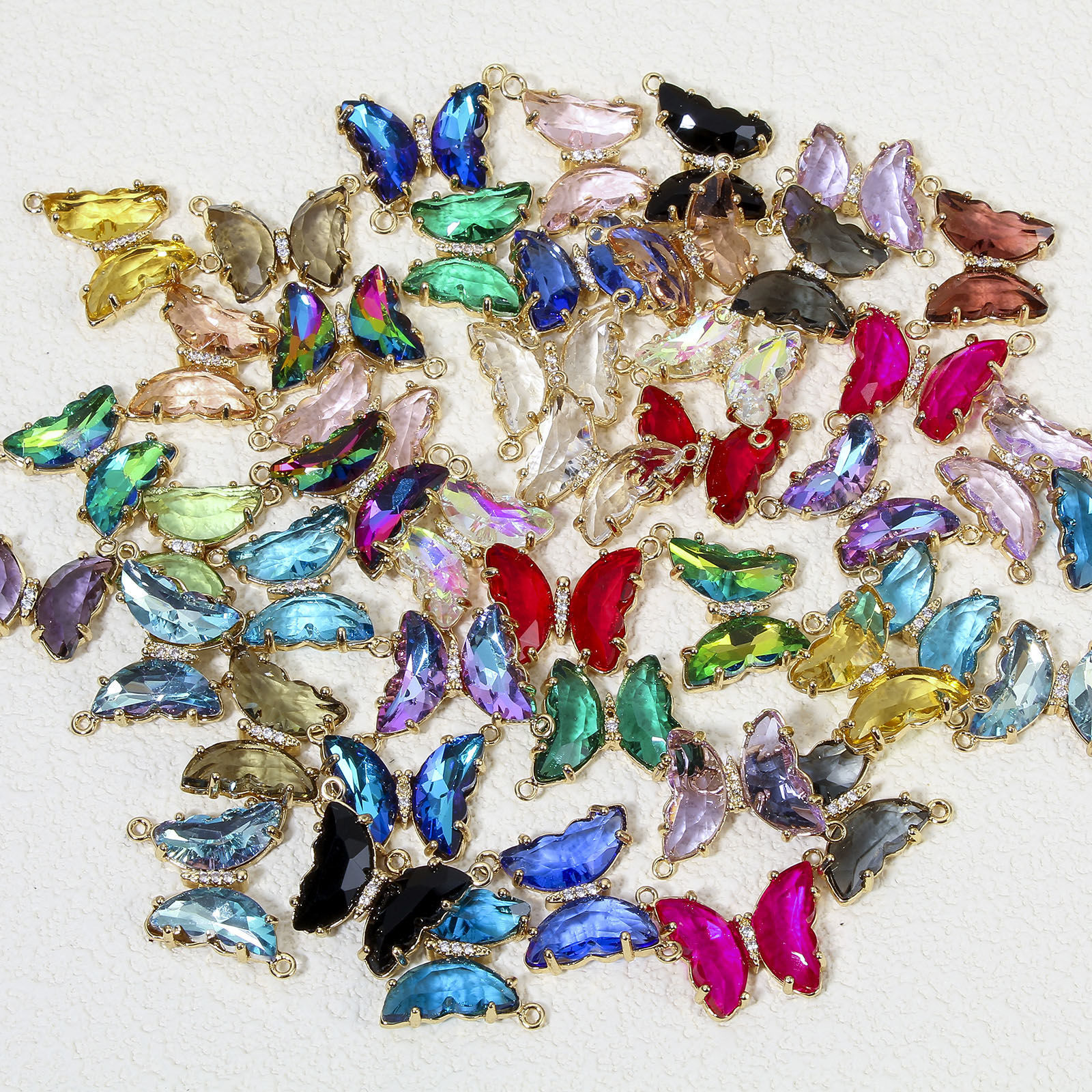 Picture of Brass & Glass Insect Connectors Charms Pendants Gold Plated Multicolor Butterfly Animal Clear Rhinestone 22mm x 22mm