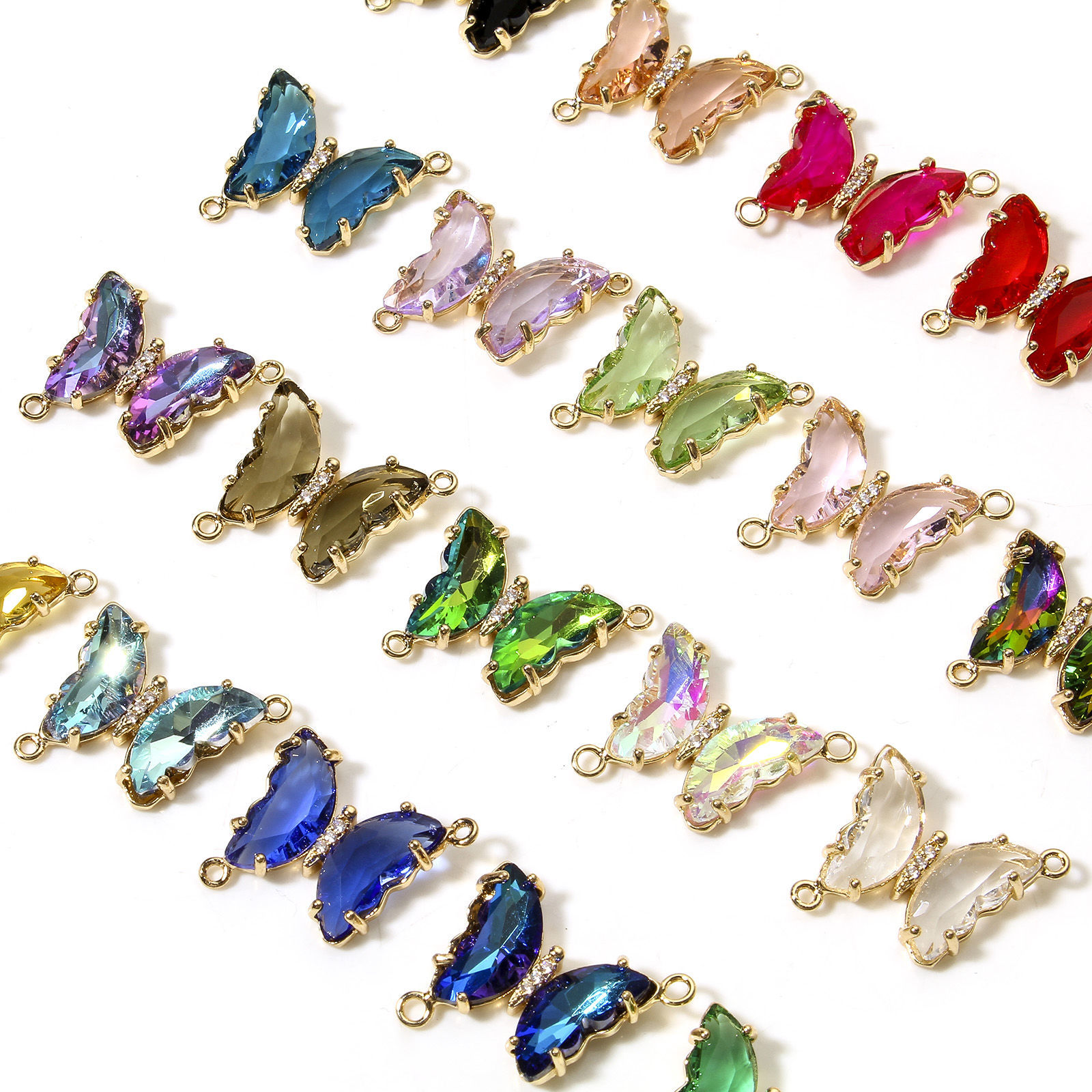 Picture of Brass & Glass Insect Connectors Charms Pendants Gold Plated Multicolor Butterfly Animal Clear Rhinestone 22mm x 22mm