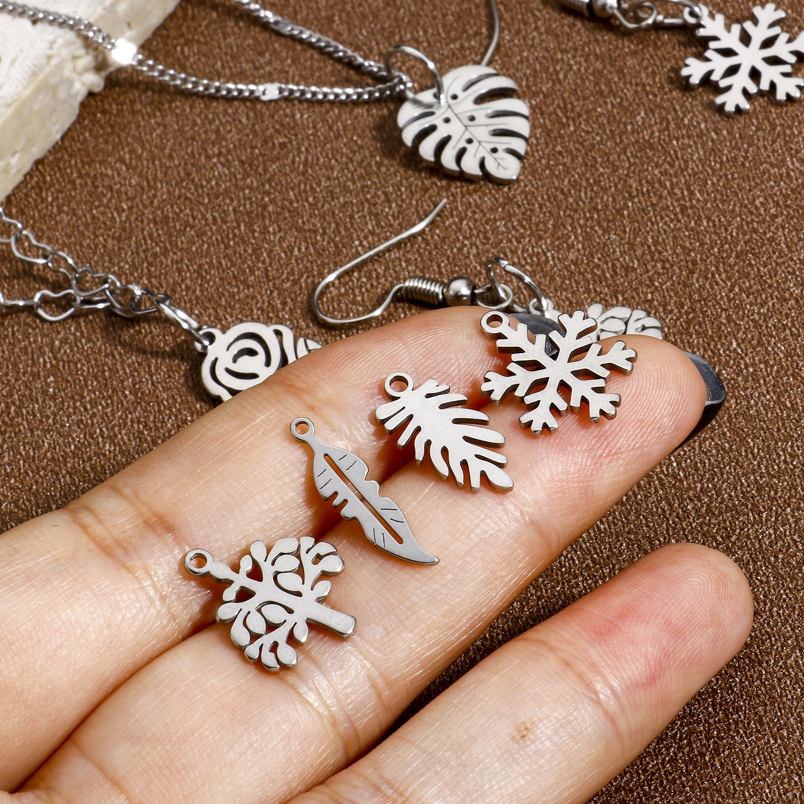 Picture of Eco-friendly 304 Stainless Steel Exquisite Charms Silver Tone Rose Flower Flower Leaves Hollow