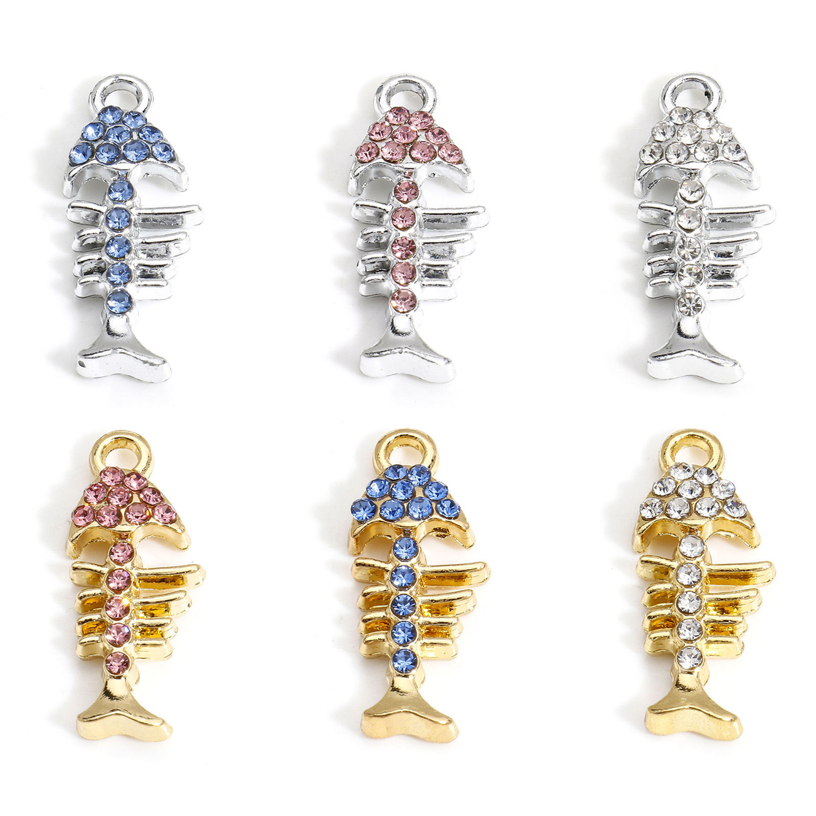 Picture of Zinc Based Alloy Ocean Jewelry Charms Multicolor Fish Bone Micro Pave 22mm x 9mm