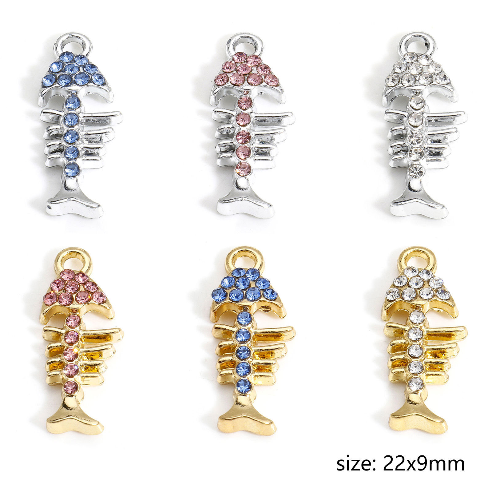Picture of Zinc Based Alloy Ocean Jewelry Charms Multicolor Fish Bone Micro Pave 22mm x 9mm